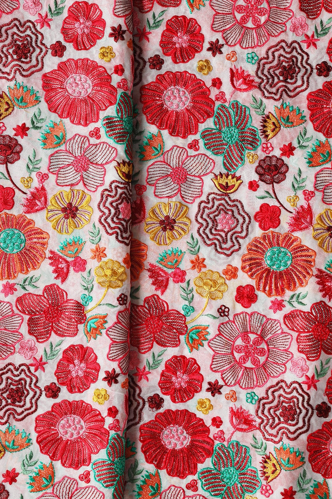 Attractive Multi Color Thread With Sequins Floral Embroidery On White Viscose Georgette Fabric - doeraa