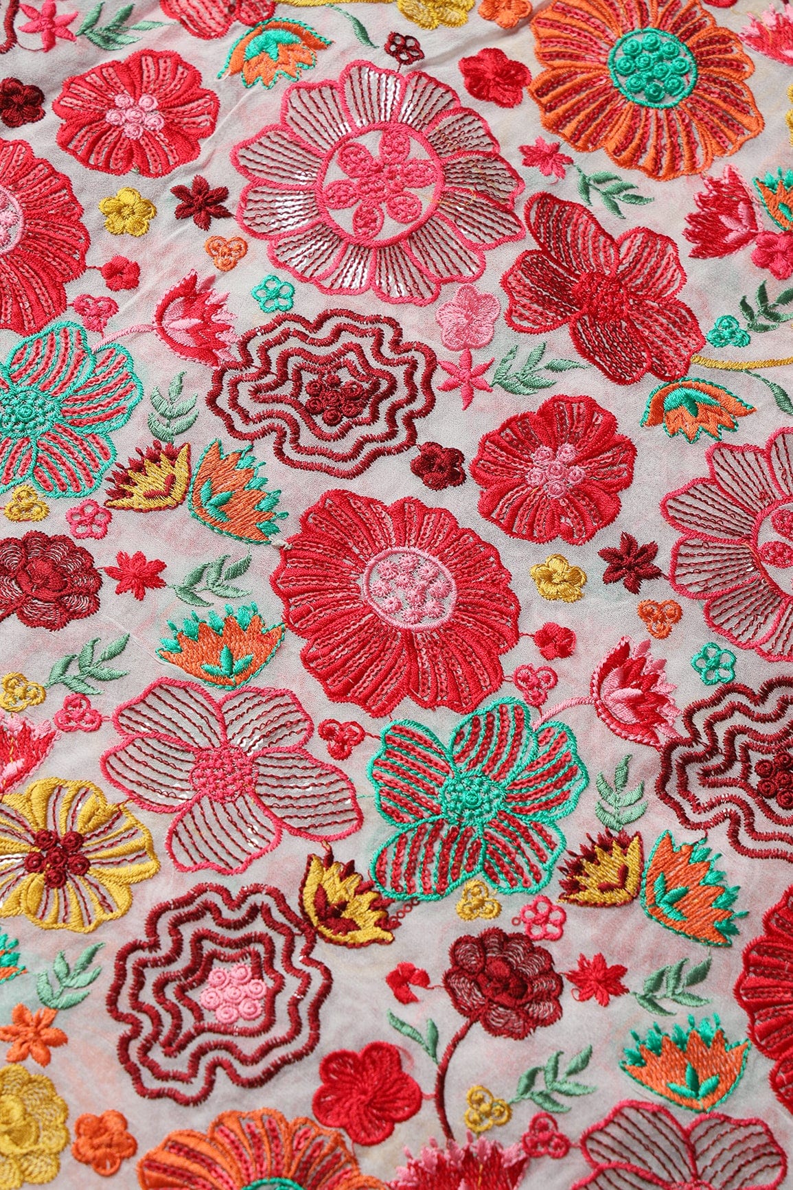 Attractive Multi Color Thread With Sequins Floral Embroidery On White Viscose Georgette Fabric - doeraa