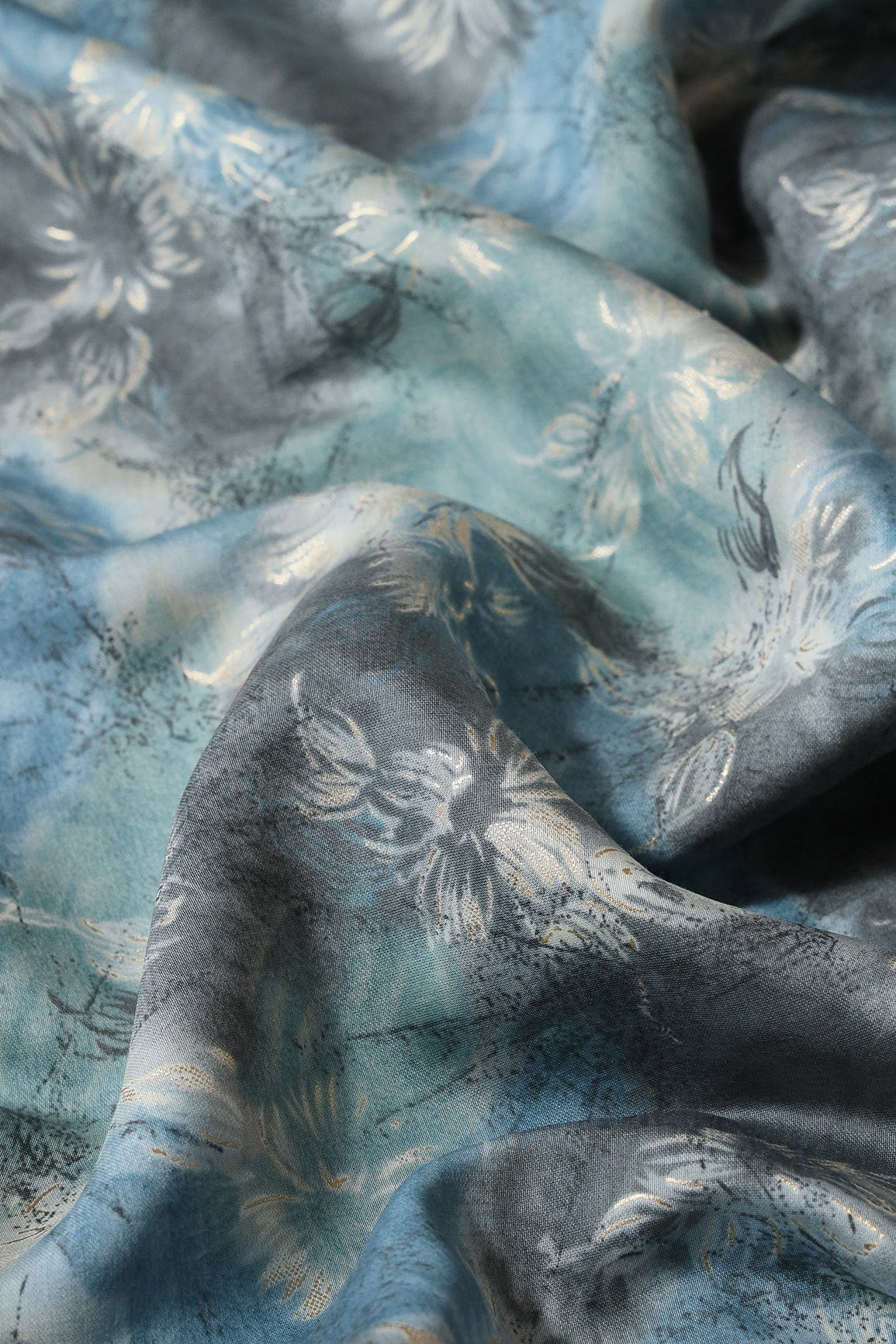 Azure Blue And Cream Floral Foil Print On Viscose Chanderi Silk Fabric - doeraa