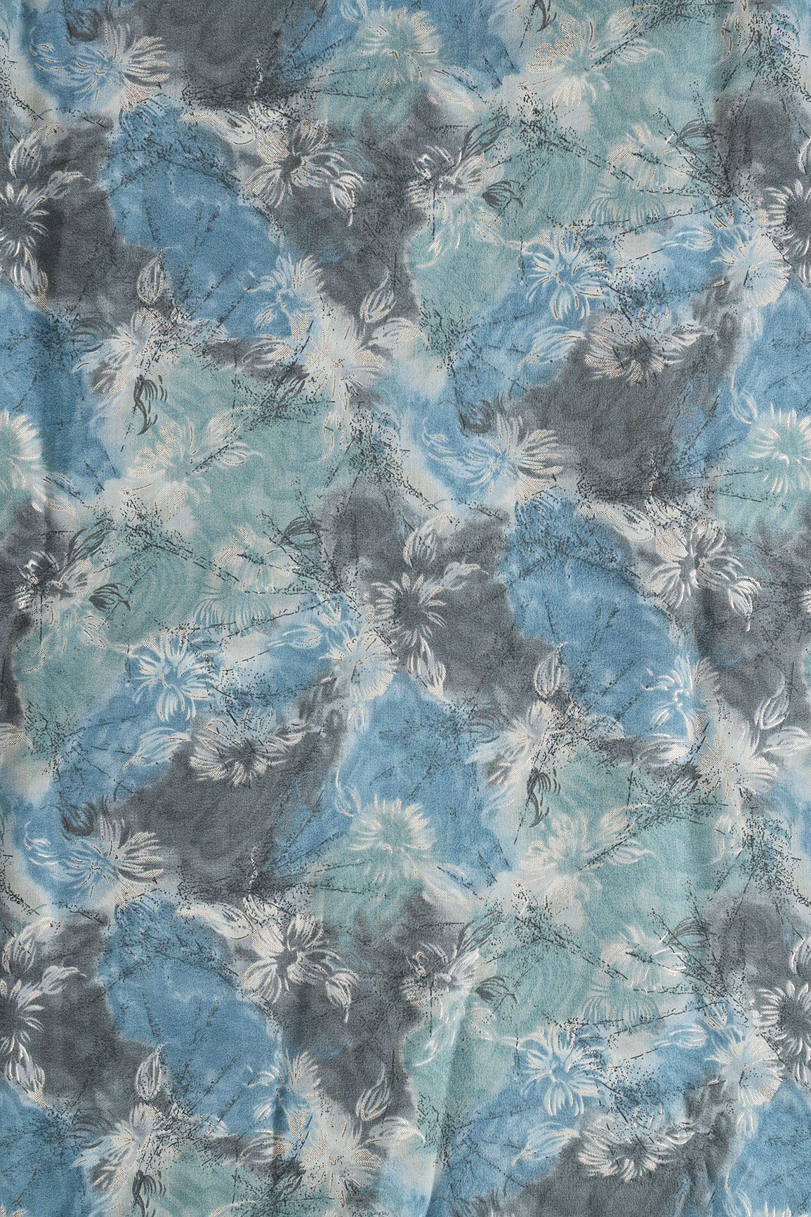 Azure Blue And Cream Floral Foil Print On Viscose Chanderi Silk Fabric - doeraa