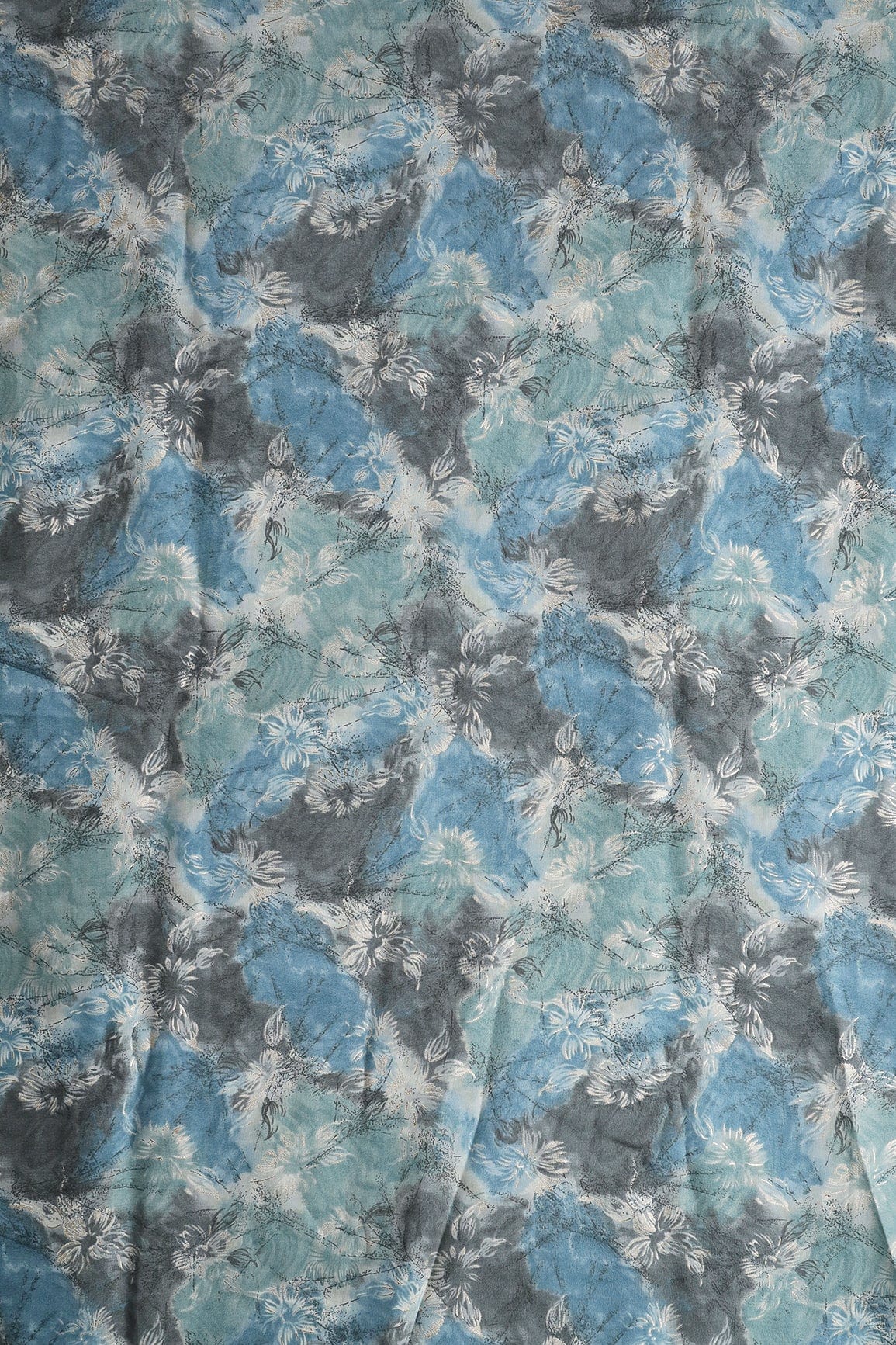 Azure Blue And Cream Floral Foil Print On Viscose Chanderi Silk Fabric - doeraa