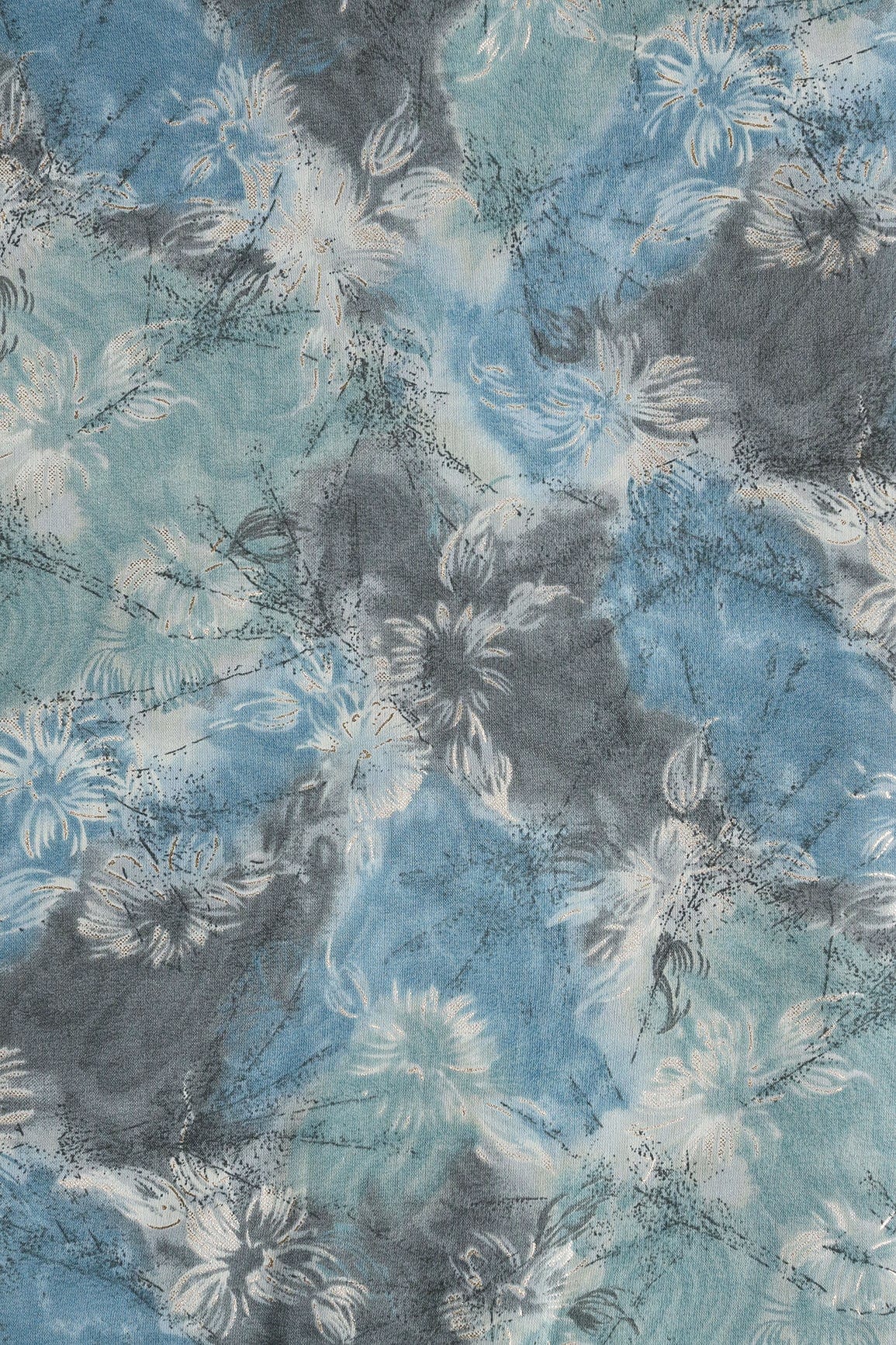 Azure Blue And Cream Floral Foil Print On Viscose Chanderi Silk Fabric - doeraa