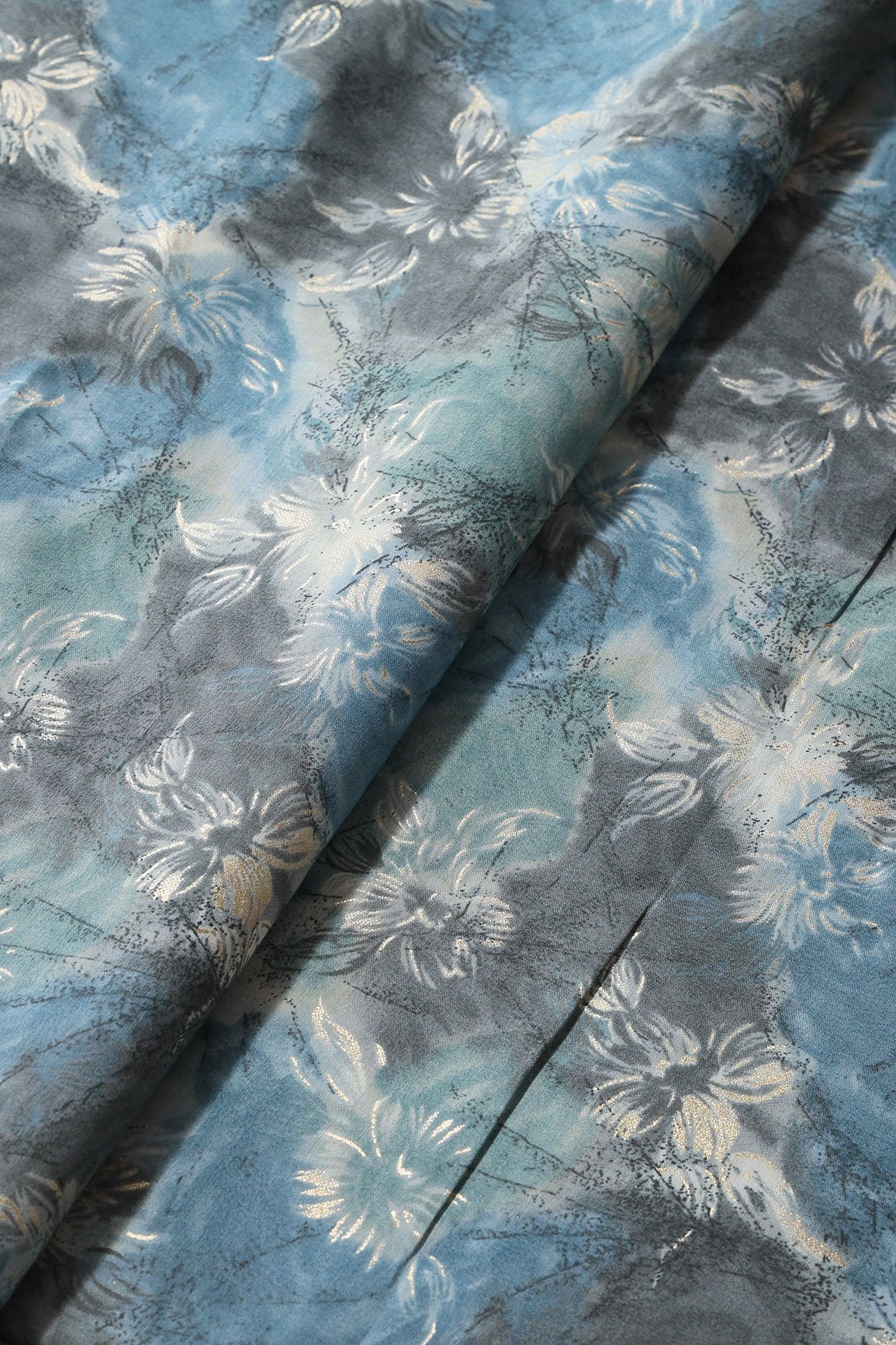 Azure Blue And Cream Floral Foil Print On Viscose Chanderi Silk Fabric - doeraa