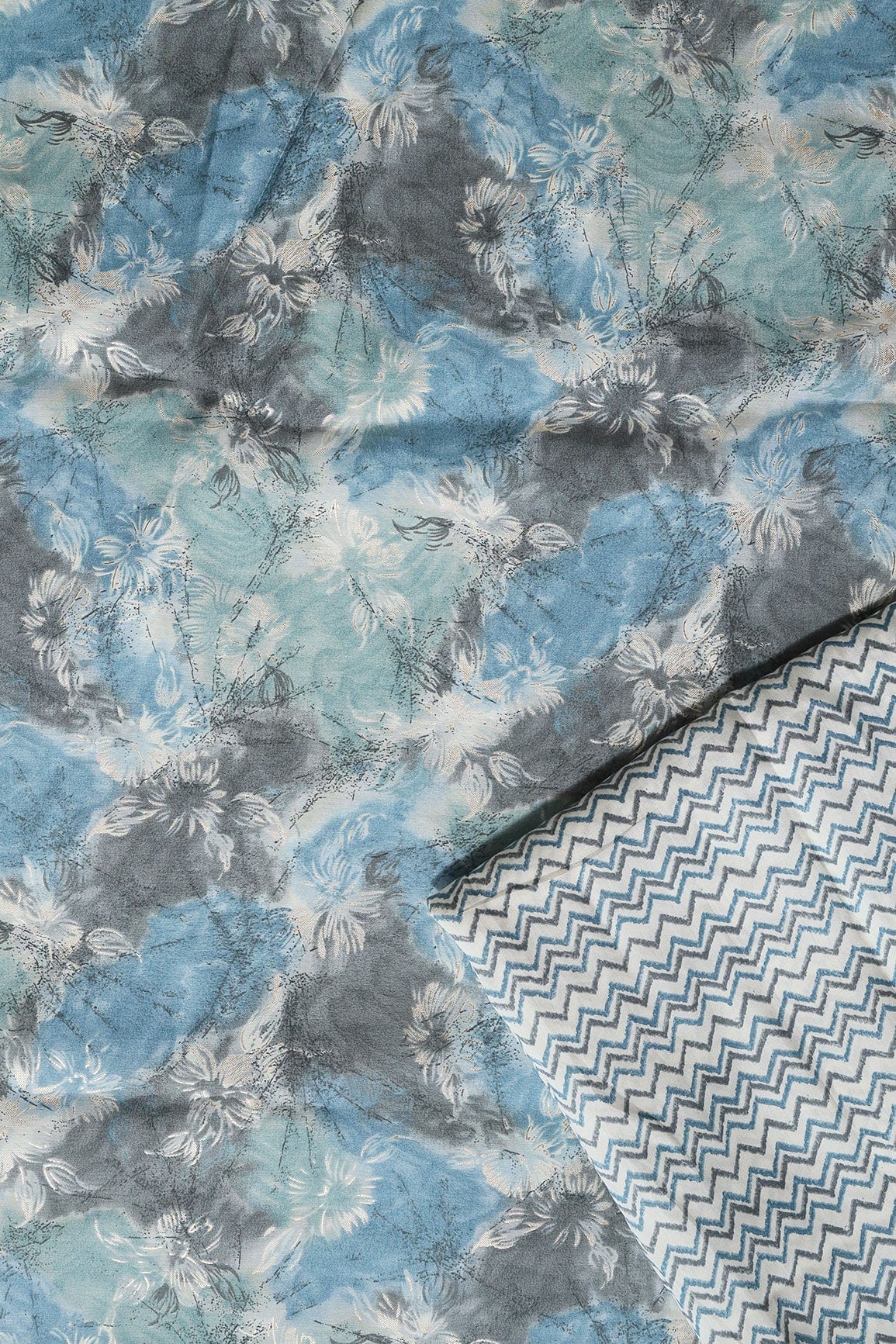 Azure Blue And Cream Viscose Chanderi Silk Unstitched Suit (2 Piece) - doeraa