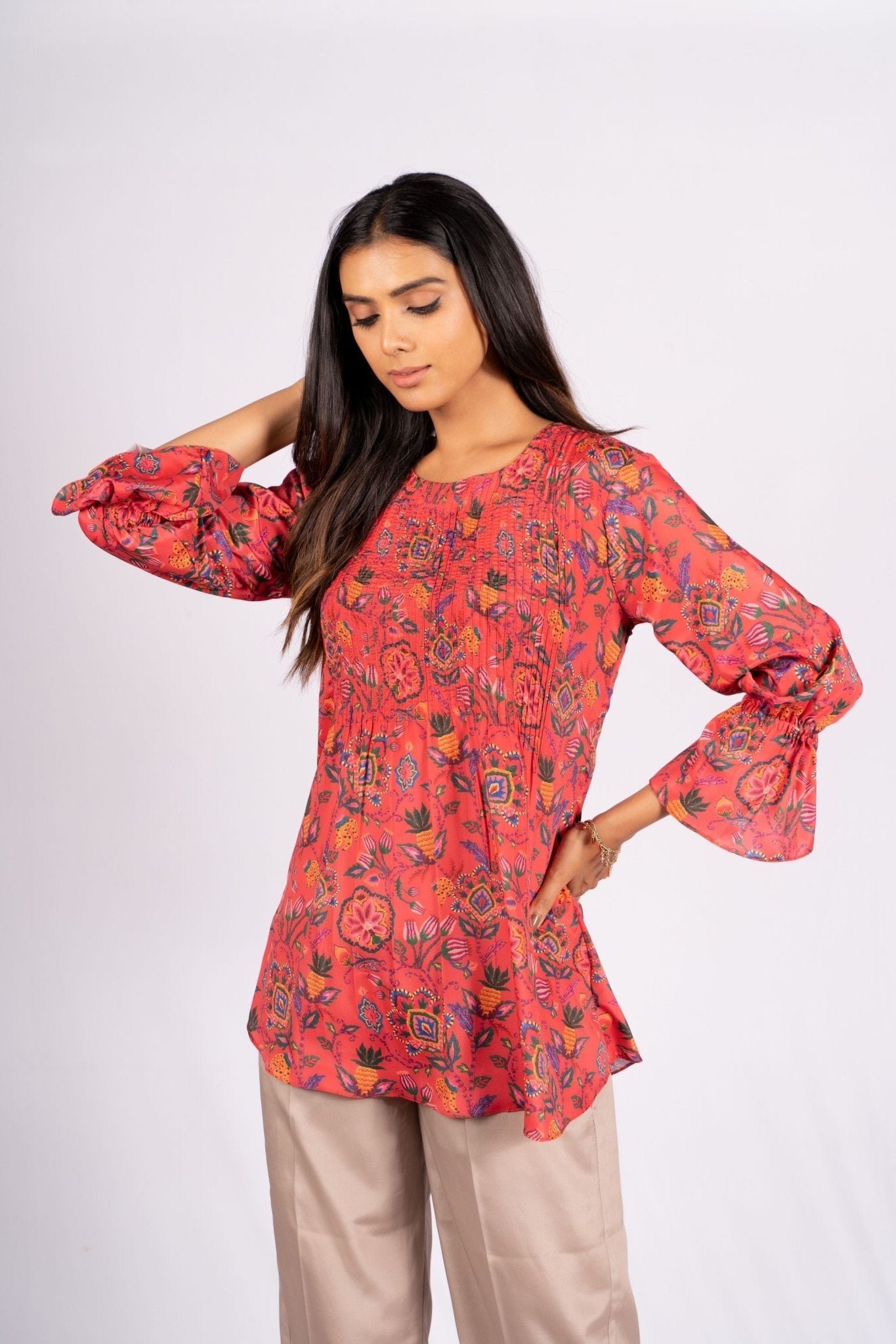 Azure Floral Dark Pink And Beige Crepe Co - ord Set - doeraa