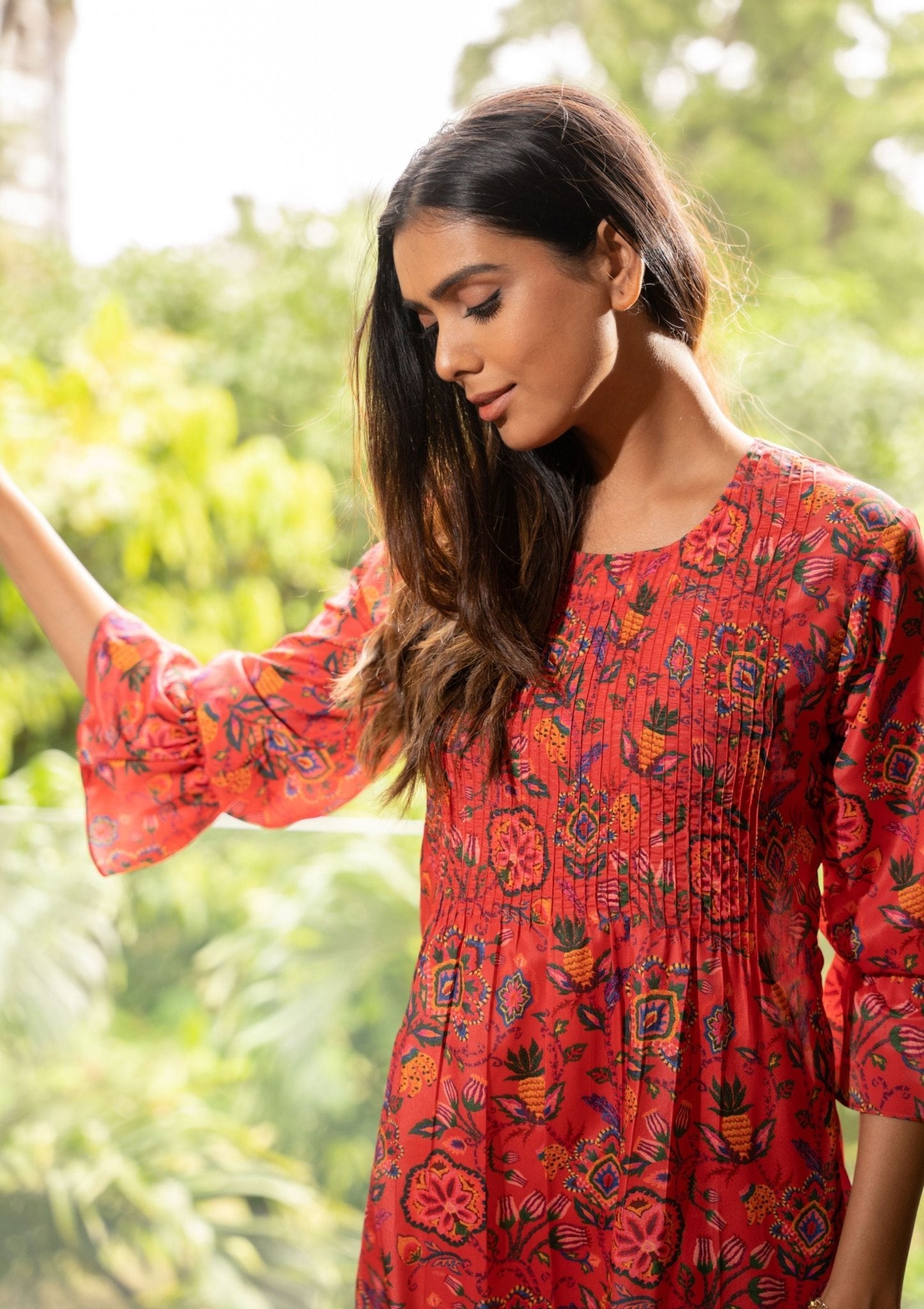 Azure Floral Dark Pink And Beige Crepe Co - ord Set - doeraa