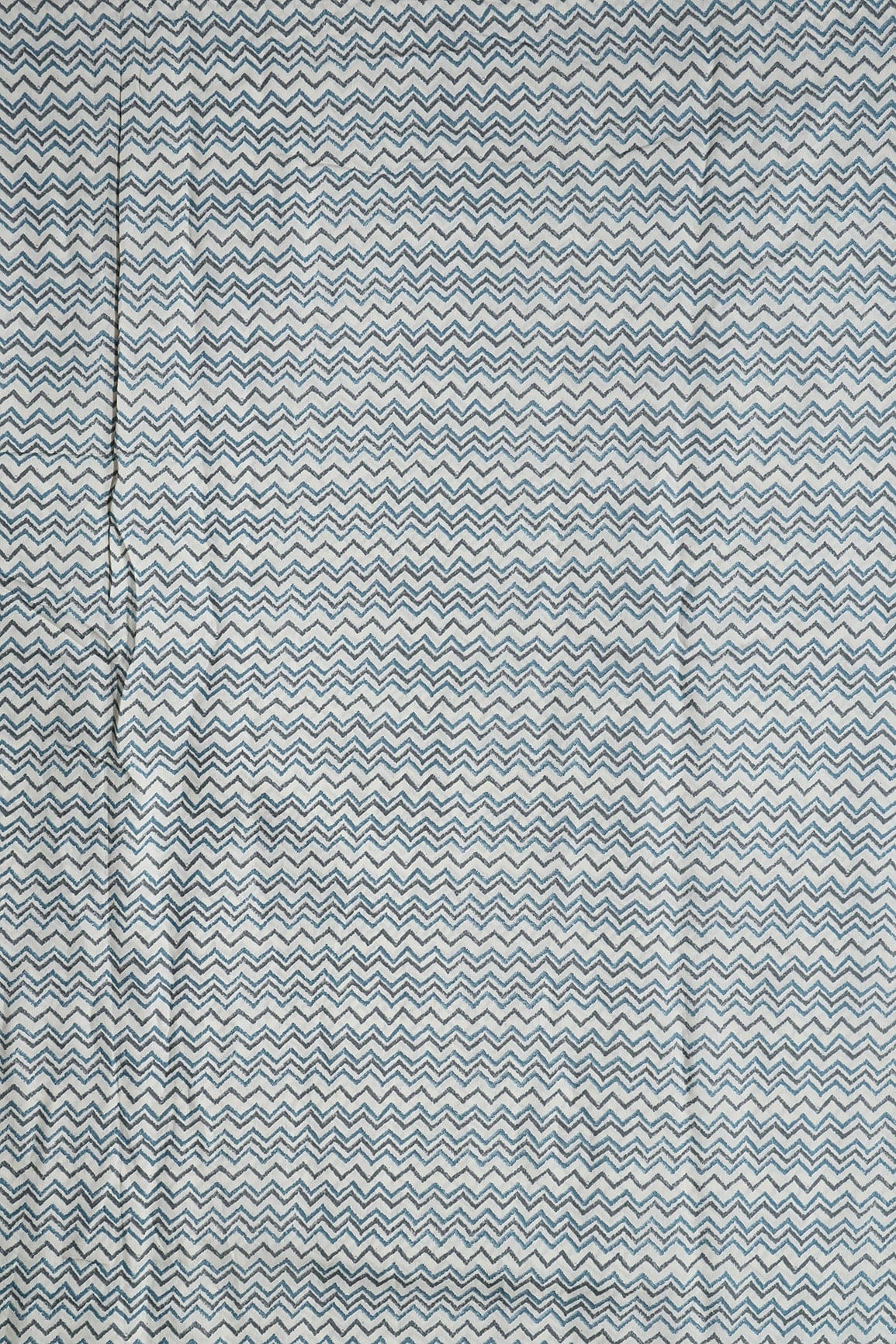 Azzure Blue And Grey Chevron Print On Cream Viscose Chanderi Silk Fabric - doeraa