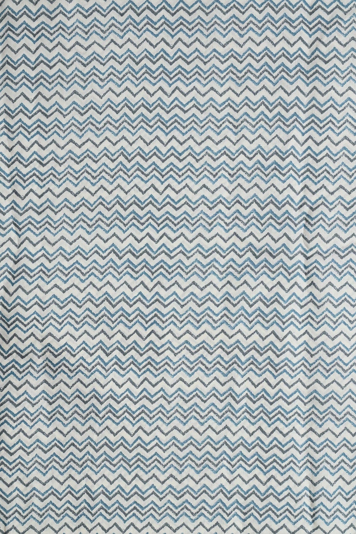 Azzure Blue And Grey Chevron Print On Cream Viscose Chanderi Silk Fabric - doeraa