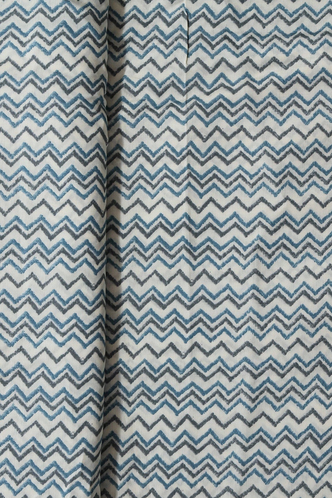 Azzure Blue And Grey Chevron Print On Cream Viscose Chanderi Silk Fabric - doeraa