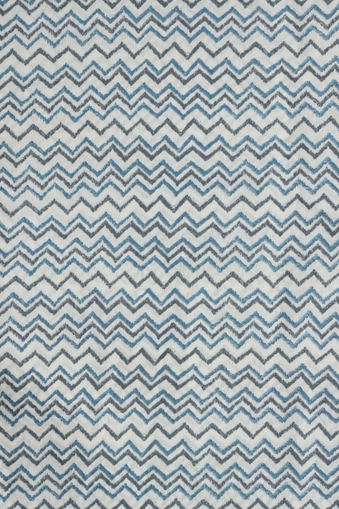 Azzure Blue And Grey Chevron Print On Cream Viscose Chanderi Silk Fabric - doeraa