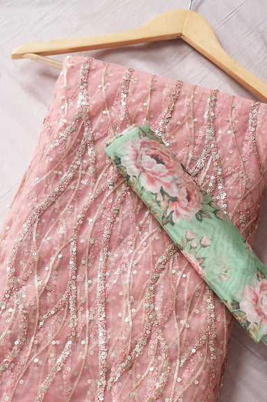 Baby Pink And Parrot Green Saree set (2 Piece)