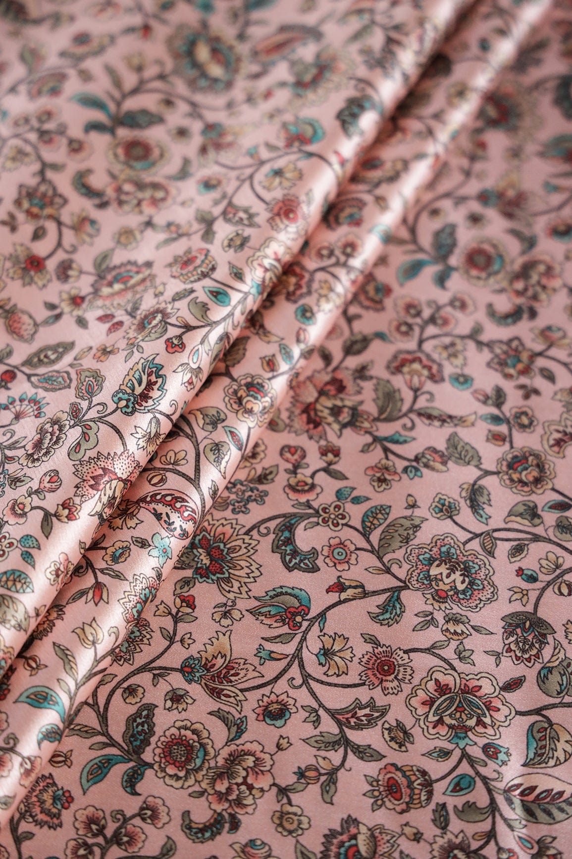 Baby Pink Ethnic Pattern Digital Print On Satin Fabric - doeraa