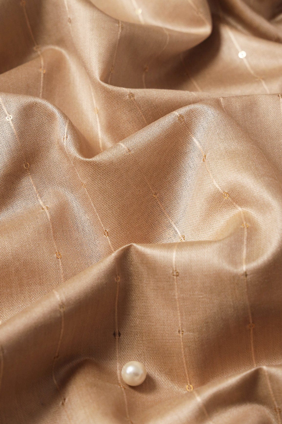 Beautiful Beige Thread With Gold Sequins Stripes Embroidery On Beige Viscose Chanderi Silk Fabric - doeraa
