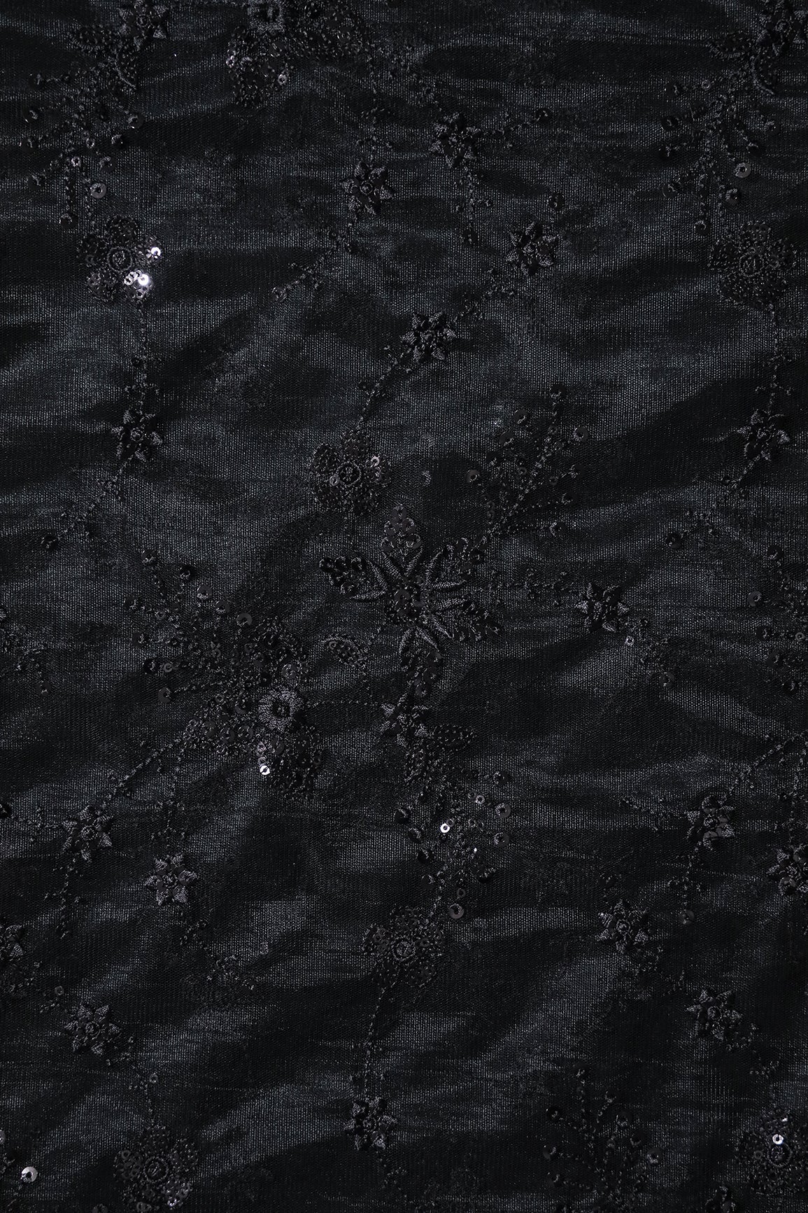 Beautiful Black Thread With Sequins Floral Embroidery Work On Black Soft Net Fabric - doeraa