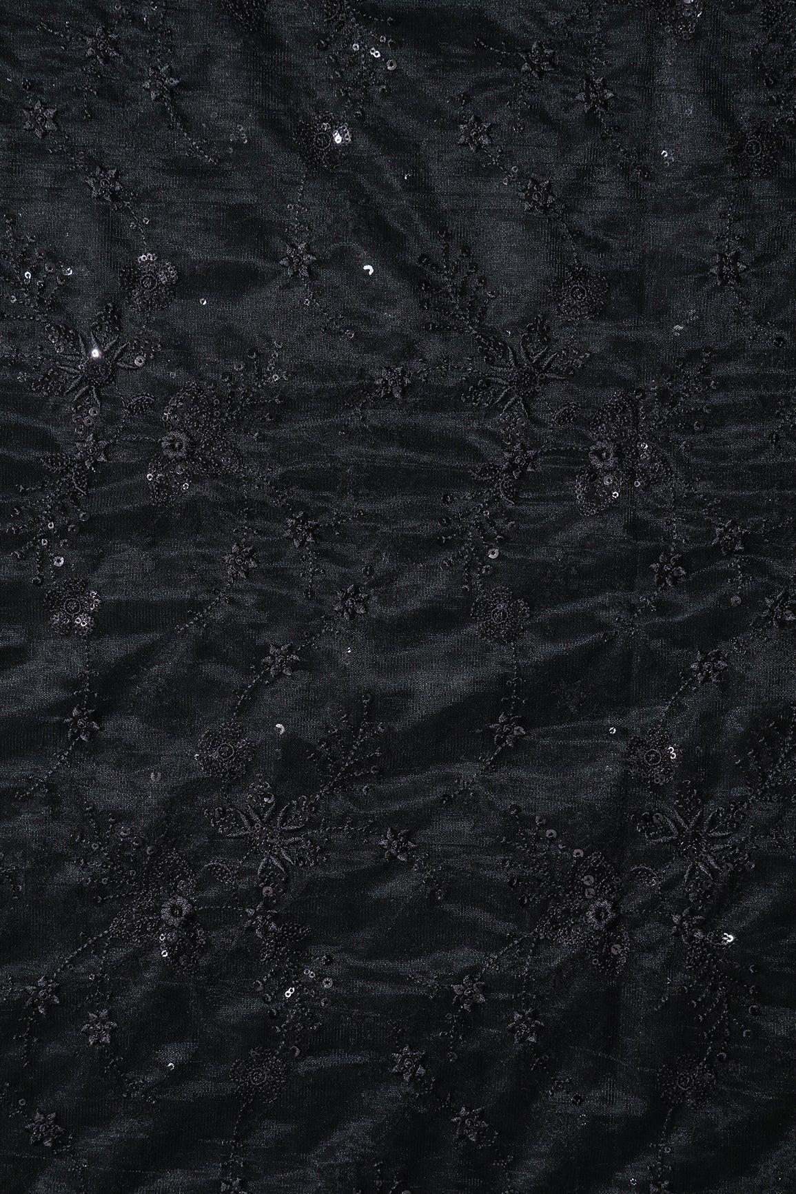 Beautiful Black Thread With Sequins Floral Embroidery Work On Black Soft Net Fabric - doeraa