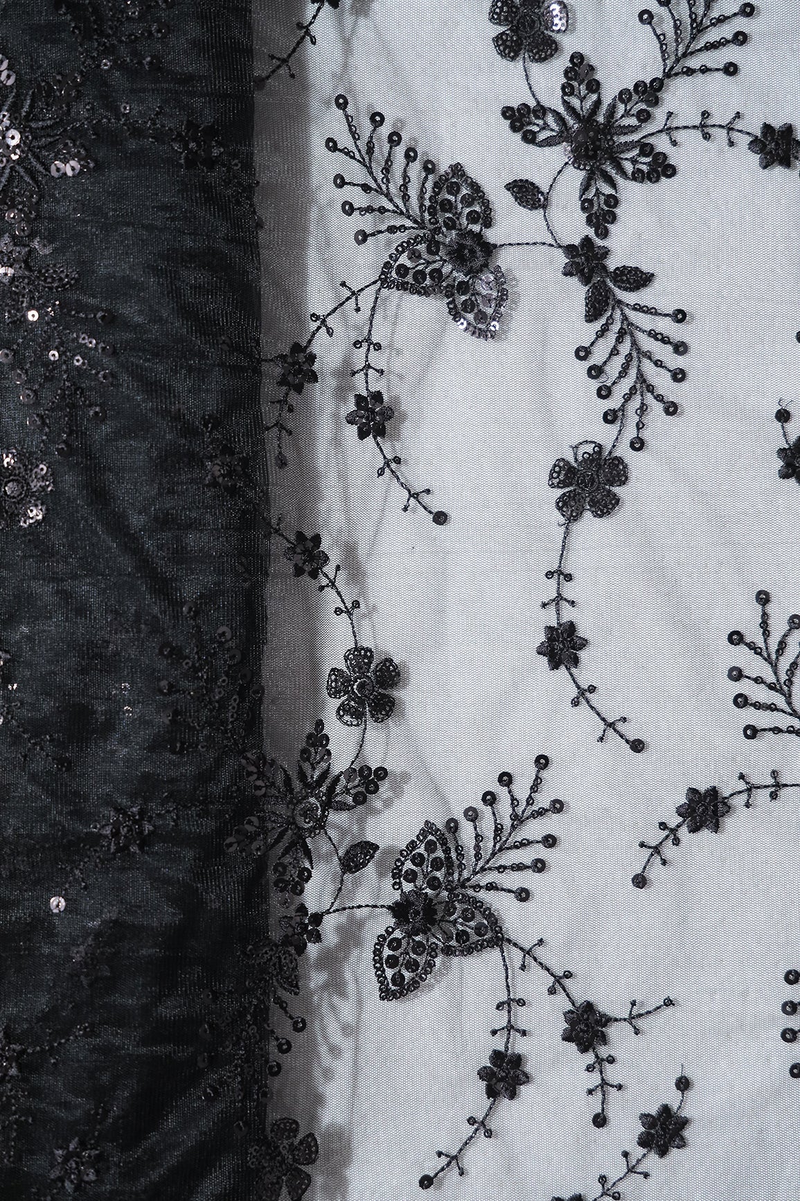Beautiful Black Thread With Sequins Floral Embroidery Work On Black Soft Net Fabric - doeraa