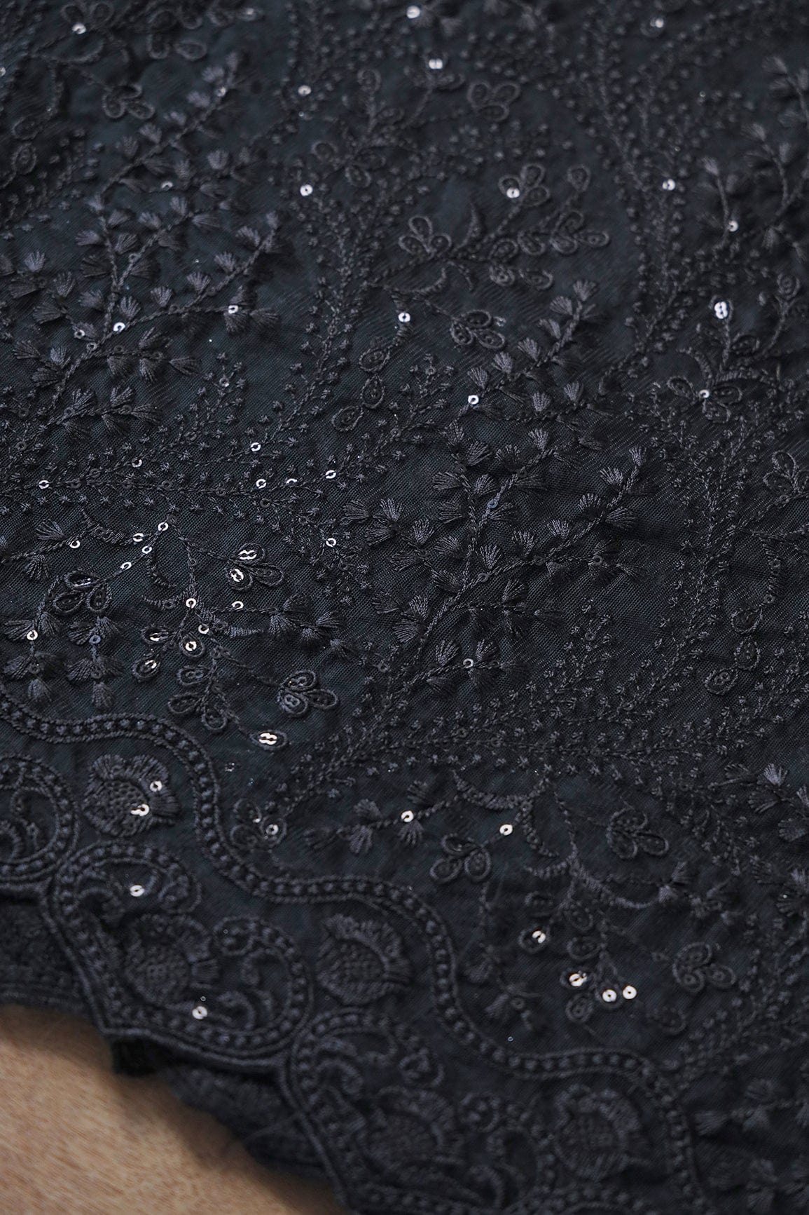 Beautiful Black Thread With Sequins Floral Embroidery Work On Black Soft Net Fabric With Border - doeraa