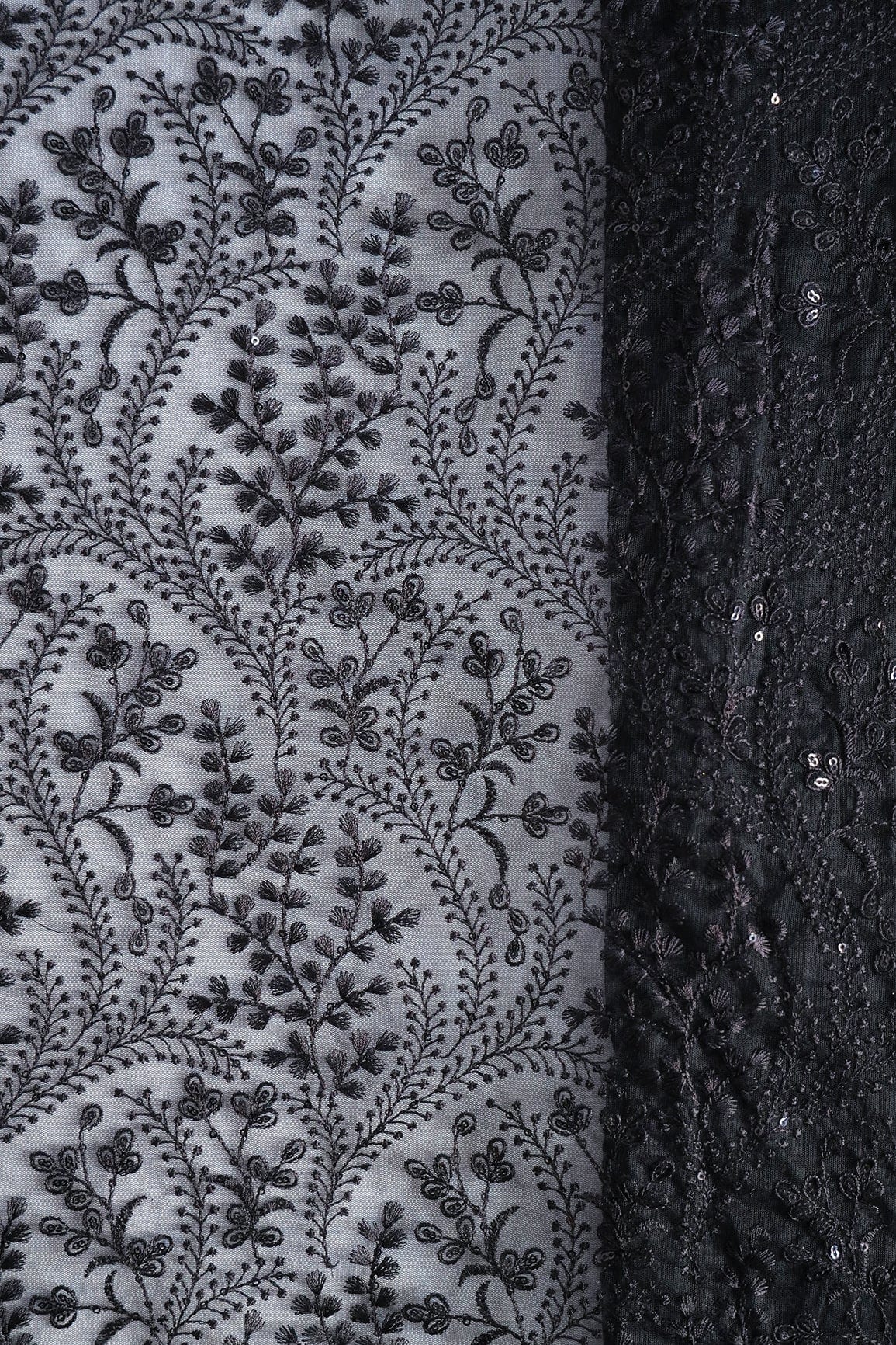 Beautiful Black Thread With Sequins Floral Embroidery Work On Black Soft Net Fabric With Border - doeraa