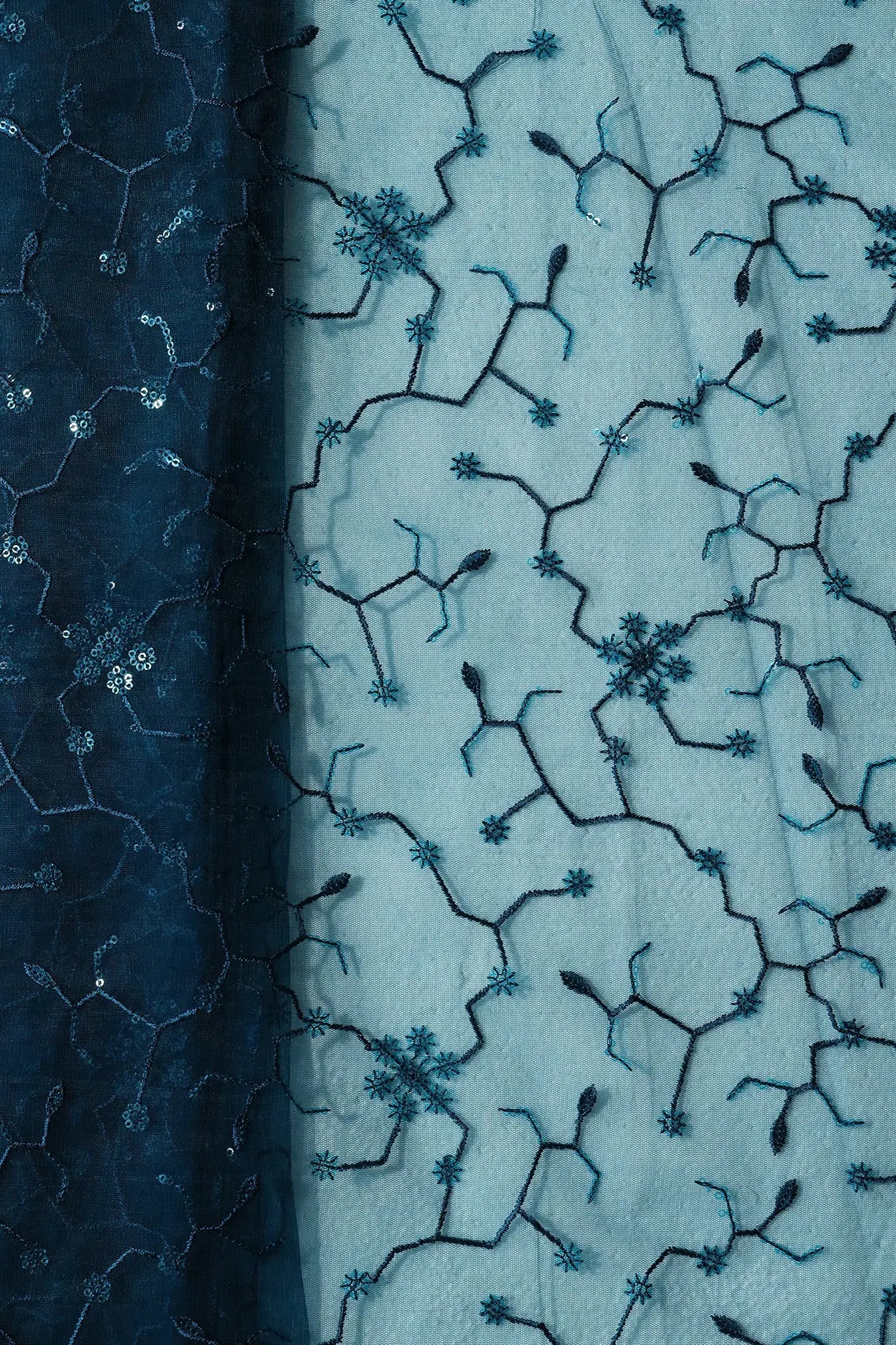 Beautiful Blue Sequins Small Floral Embroidery On Prussian Blue Soft Net Fabric - doeraa