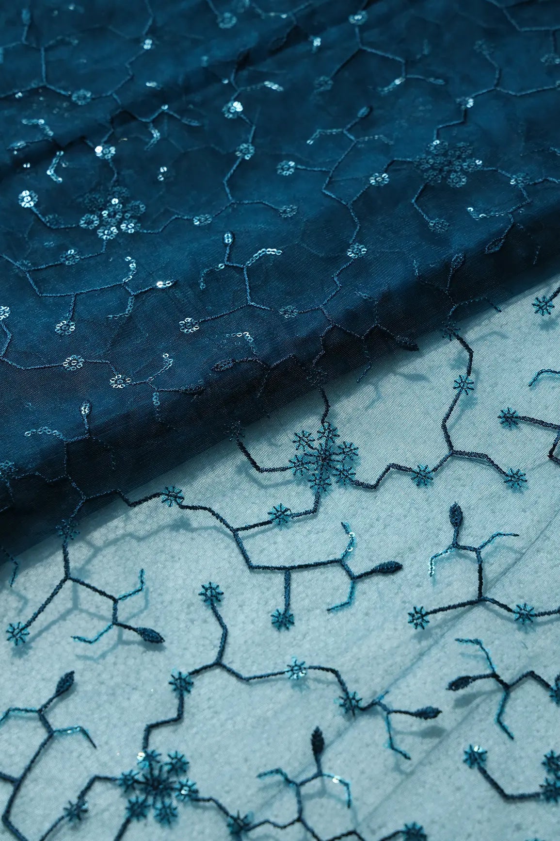 Beautiful Blue Sequins Small Floral Embroidery On Prussian Blue Soft Net Fabric - doeraa