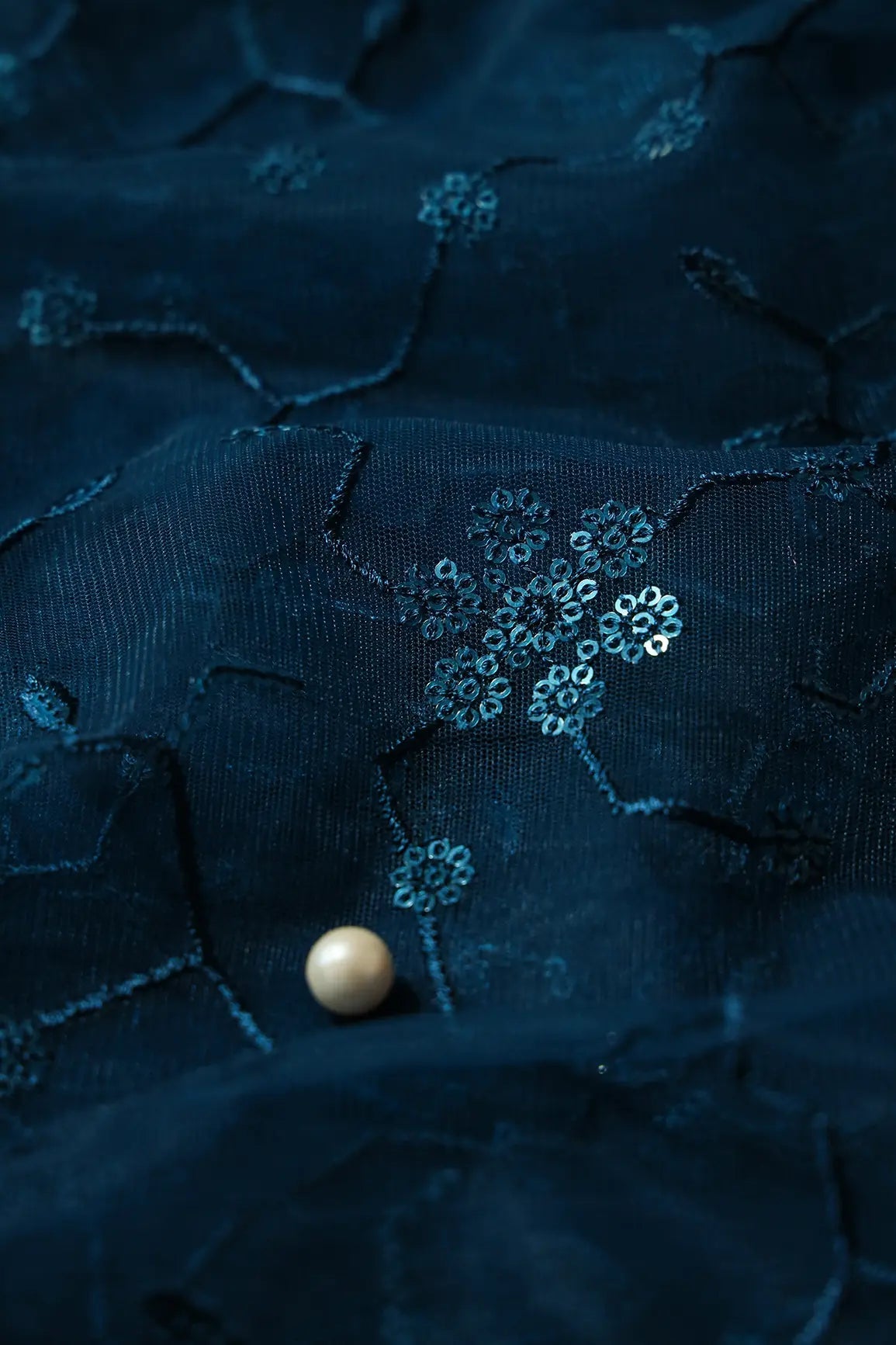 Beautiful Blue Sequins Small Floral Embroidery On Prussian Blue Soft Net Fabric - doeraa
