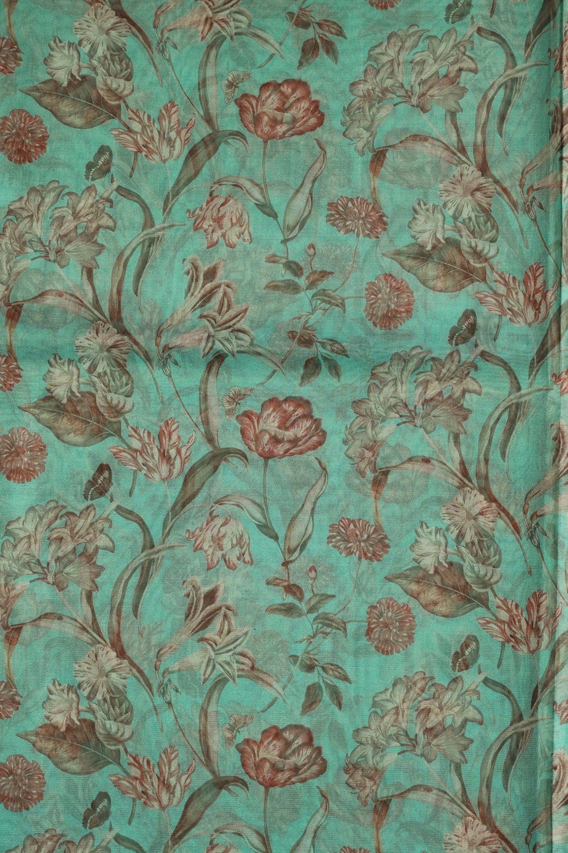 Beautiful Brown Floral Digital Print On Teal Organza Fabric - doeraa