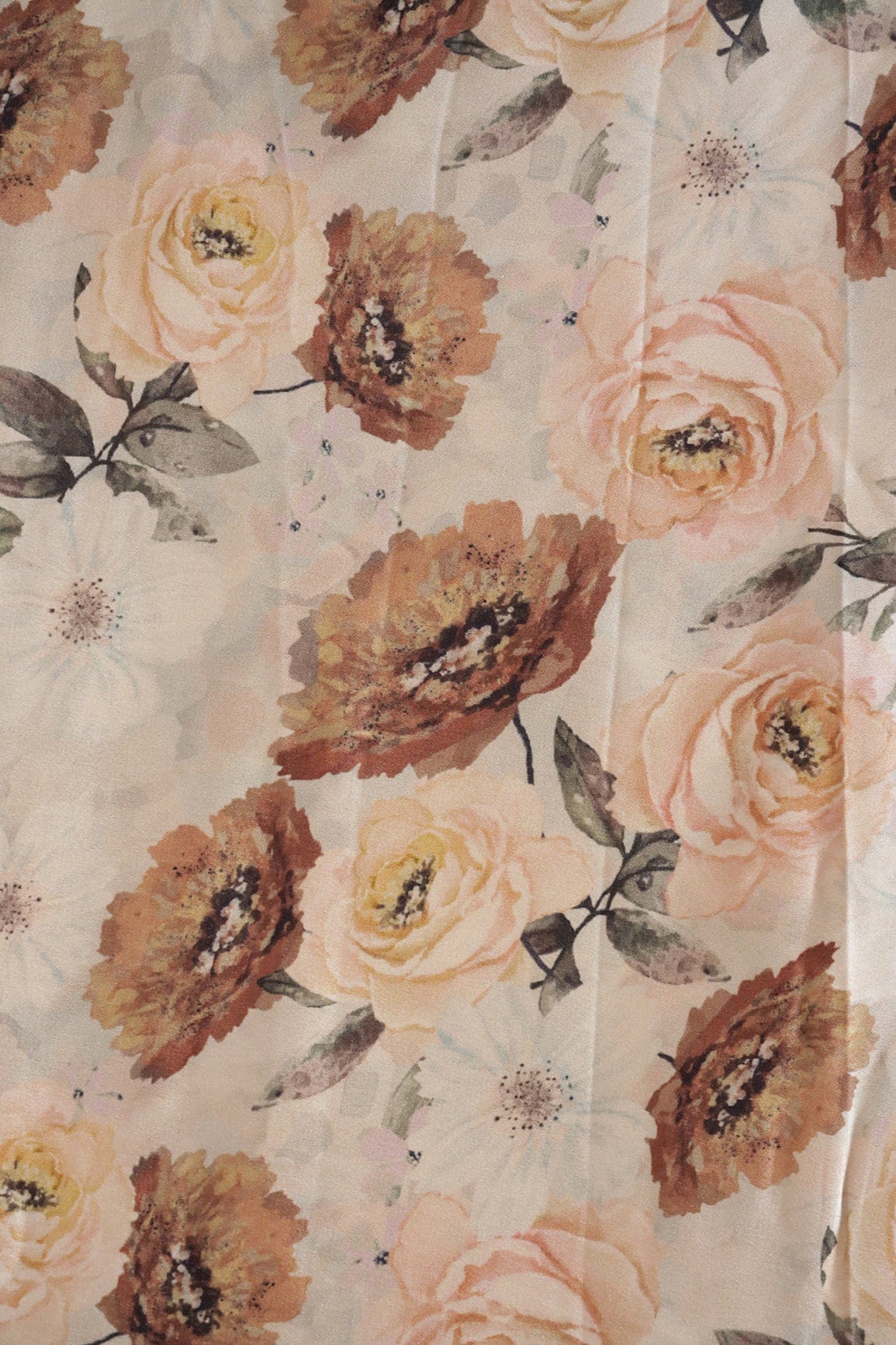 Beautiful Brown Floral Pattern Digital Print On Cream Satin Fabric - doeraa