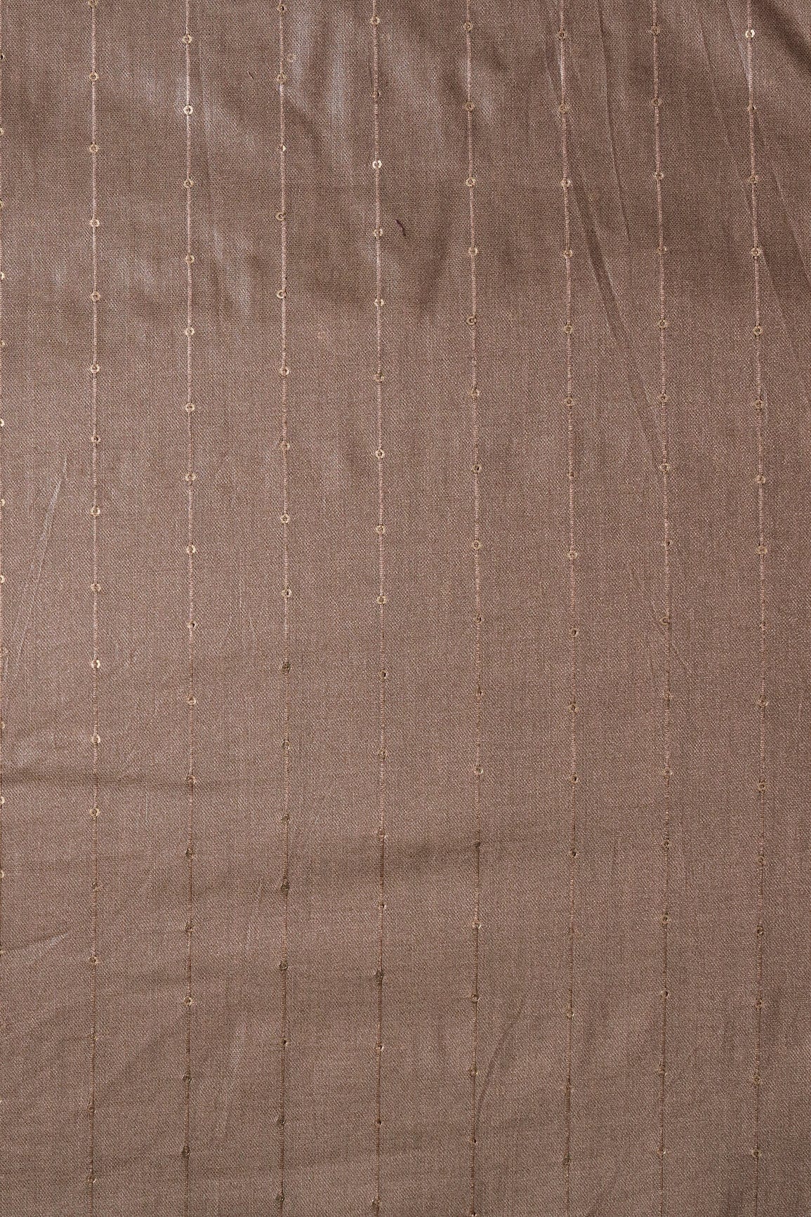 Beautiful Coco Brown Thread With Gold Sequins Stripes Embroidery On Coco Brown Viscose Chanderi Silk Fabric - doeraa