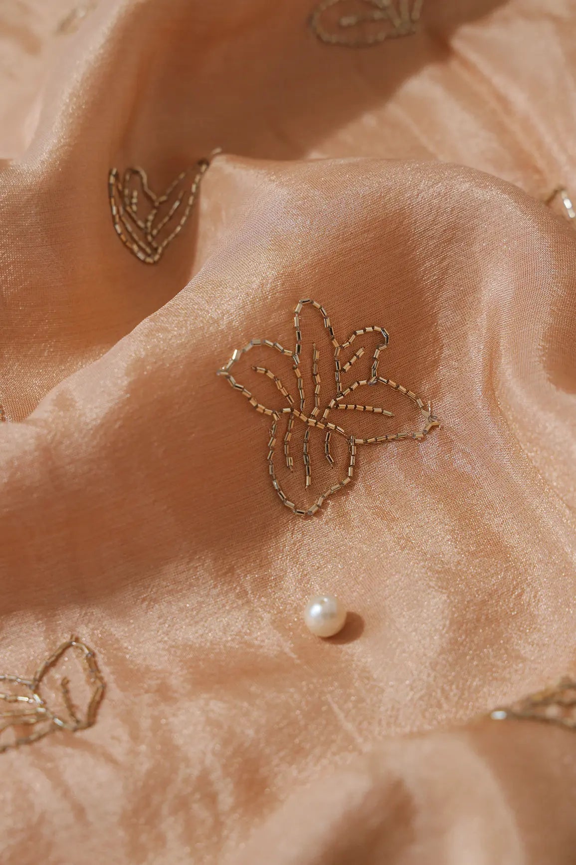 Beautiful Cut Dana Beads Floral Embroidery Work On Beige Pure Viscose Zari Tissue Fabric - doeraa