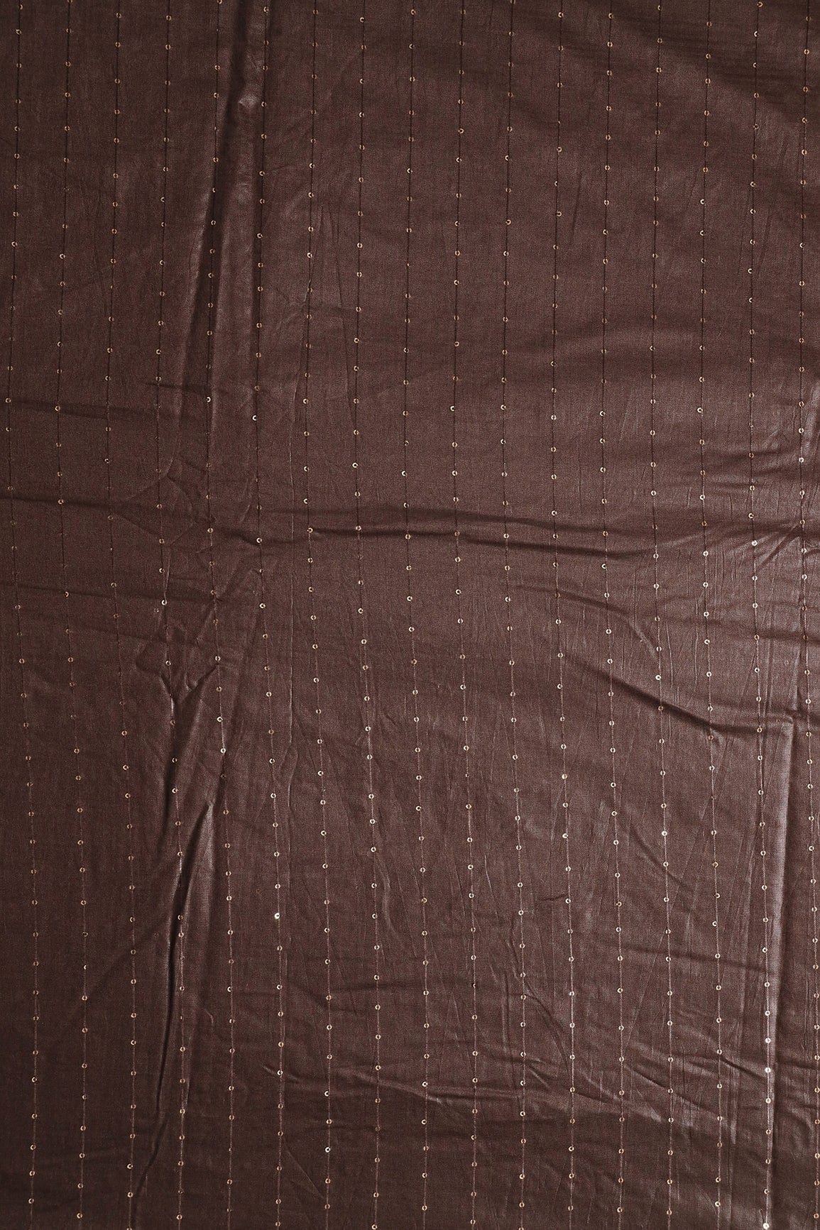 Beautiful Dark Brown Thread With Gold Sequins Stripes Embroidery On Dark Brown Viscose Chanderi Silk Fabric - doeraa
