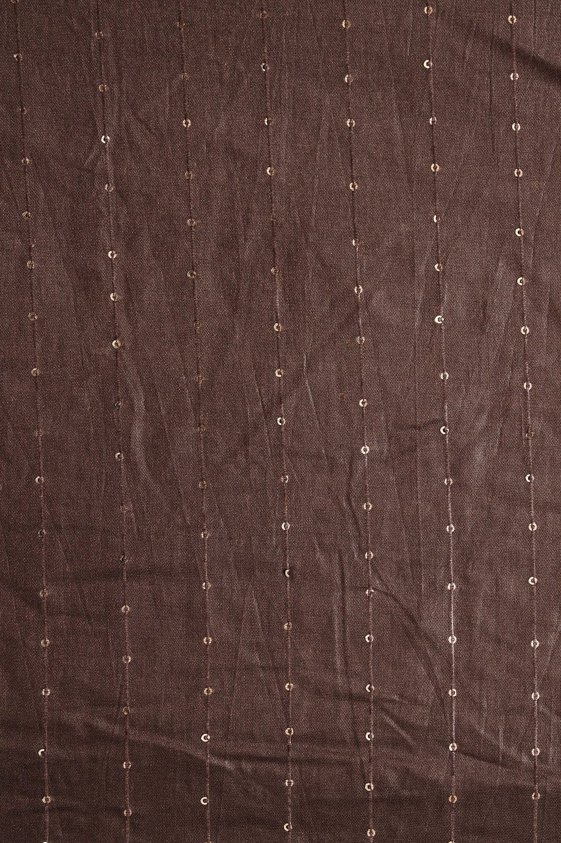 Beautiful Dark Brown Thread With Gold Sequins Stripes Embroidery On Dark Brown Viscose Chanderi Silk Fabric - doeraa