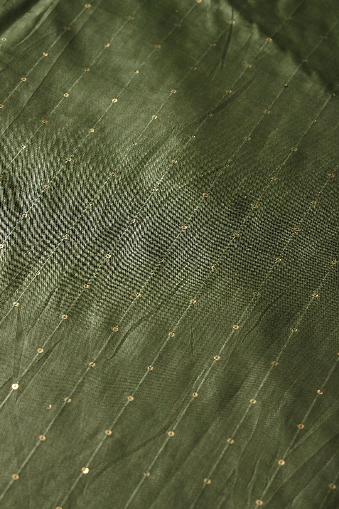 Beautiful Dark Olive Thread With Gold Sequins Stripes Embroidery On Dark Olive Viscose Chanderi Silk Fabric - doeraa