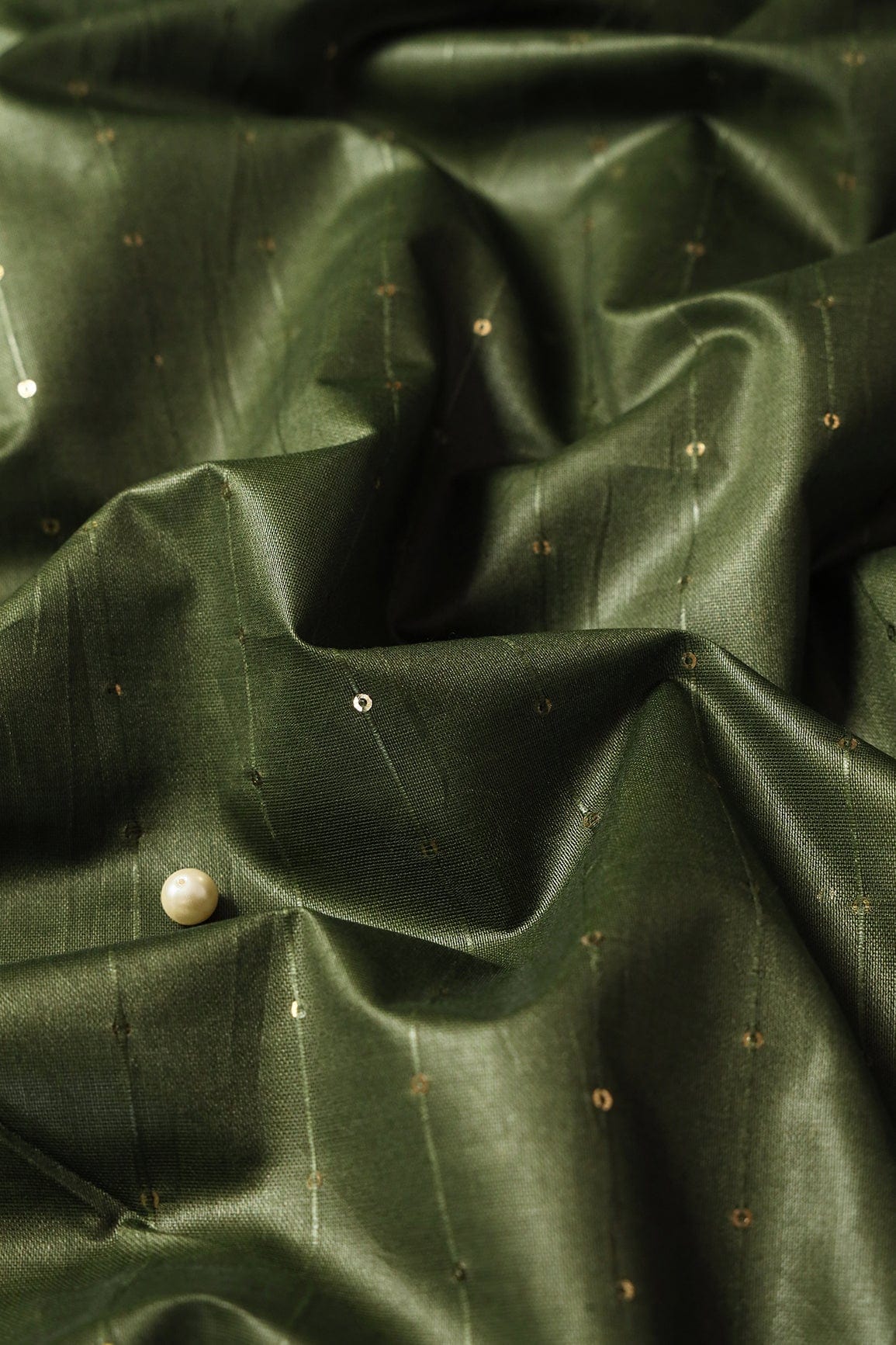 Beautiful Dark Olive Thread With Gold Sequins Stripes Embroidery On Dark Olive Viscose Chanderi Silk Fabric - doeraa