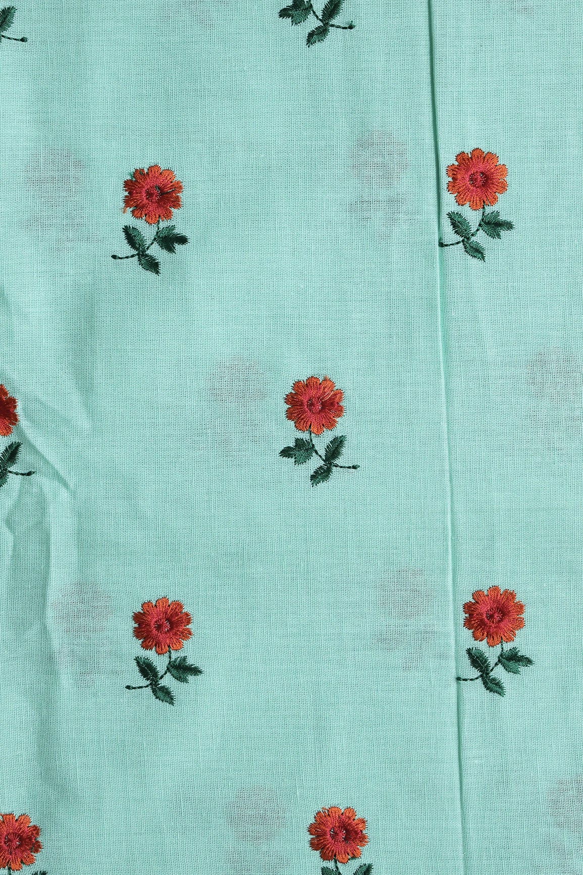 Beautiful Dark Orange And Green Floral Embroidery Work On Sea Green Pure Cotton Fabric - doeraa