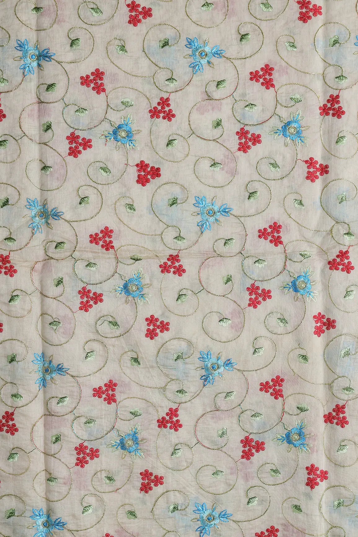 Beautiful Floral Embroidery Work On Off White Chanderi Fabric - doeraa