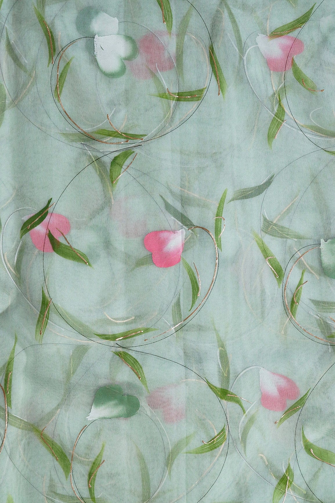 Beautiful Floral Hand Painted With Foil Work On Olive Organza Fabric - doeraa