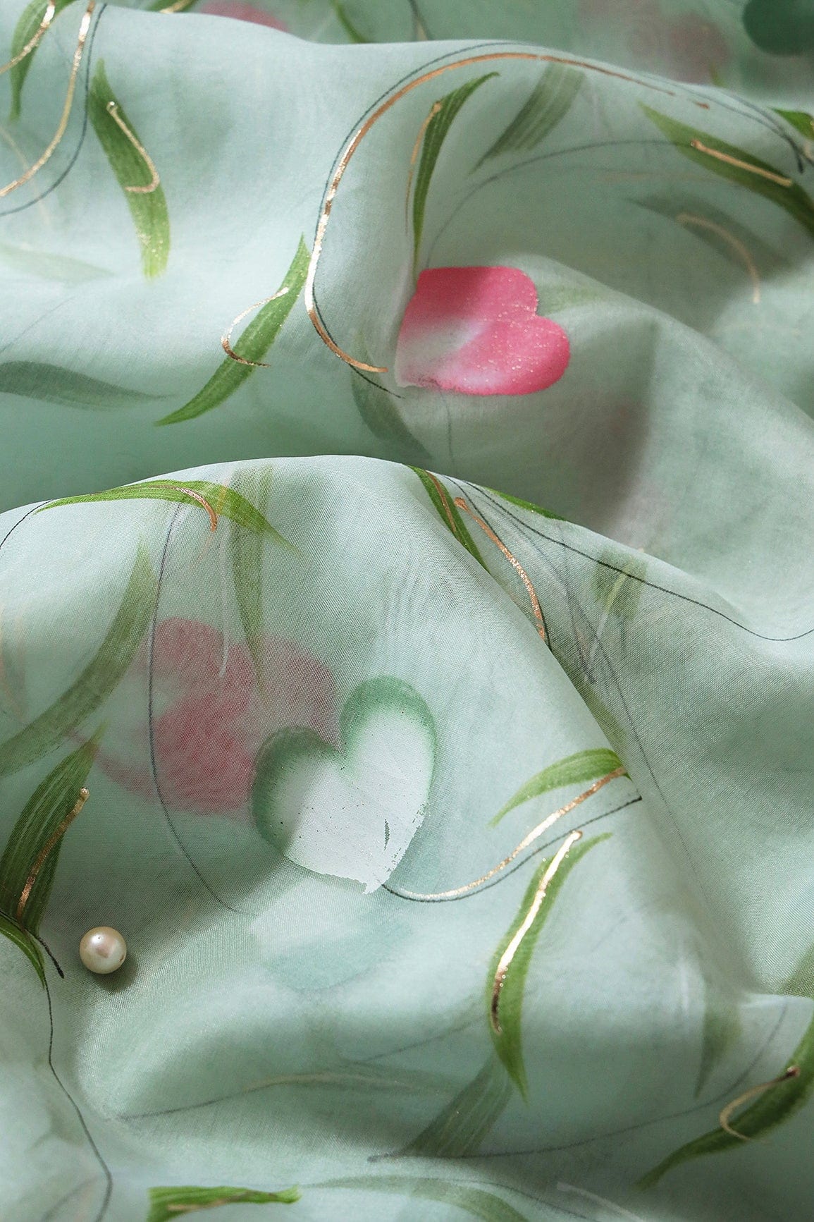 Beautiful Floral Hand Painted With Foil Work On Olive Organza Fabric - doeraa