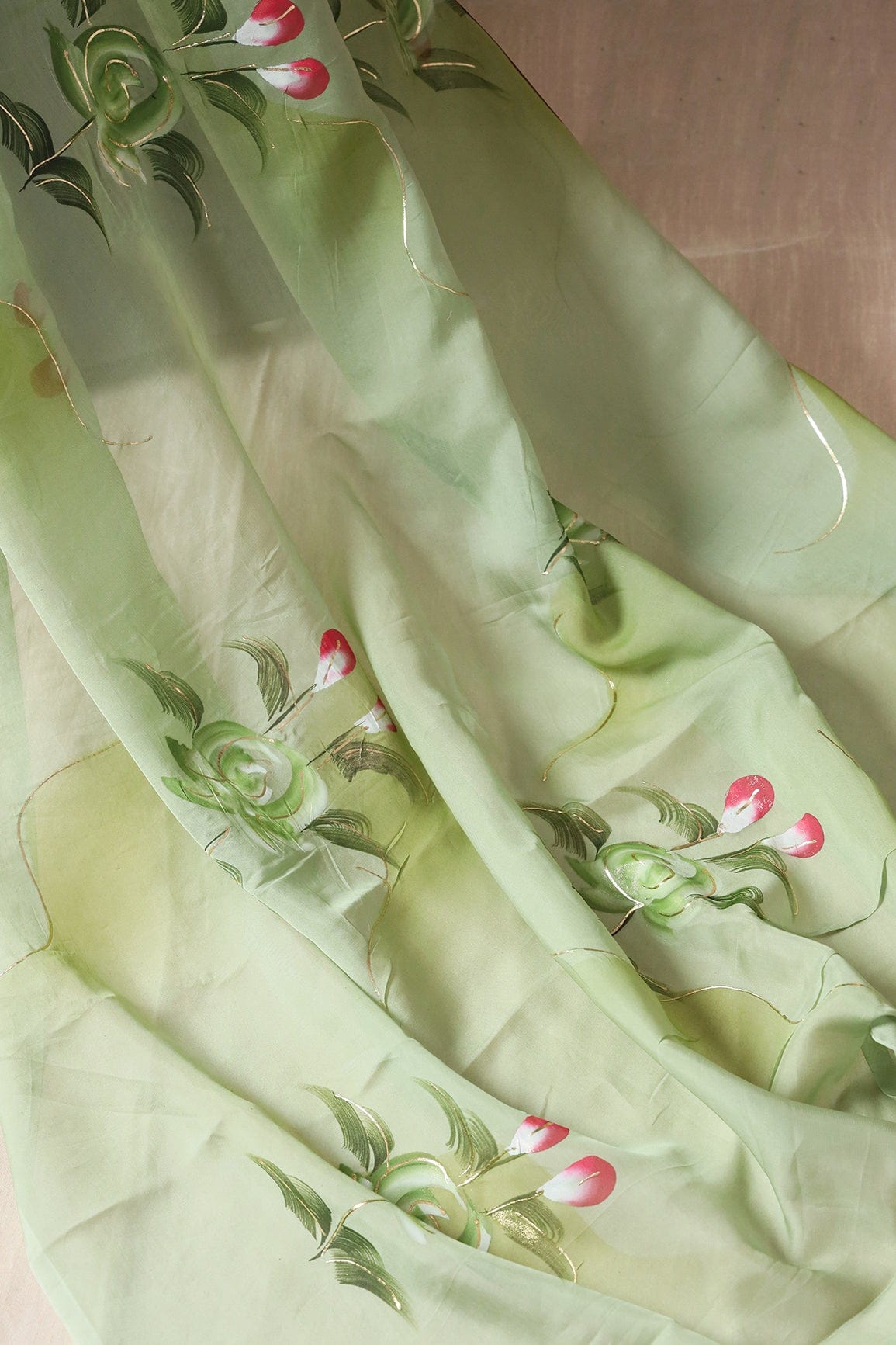Beautiful Floral Hand Painted With Foil Work On Olive Pure Organza Saree ( 5.5 Meters) - doeraa