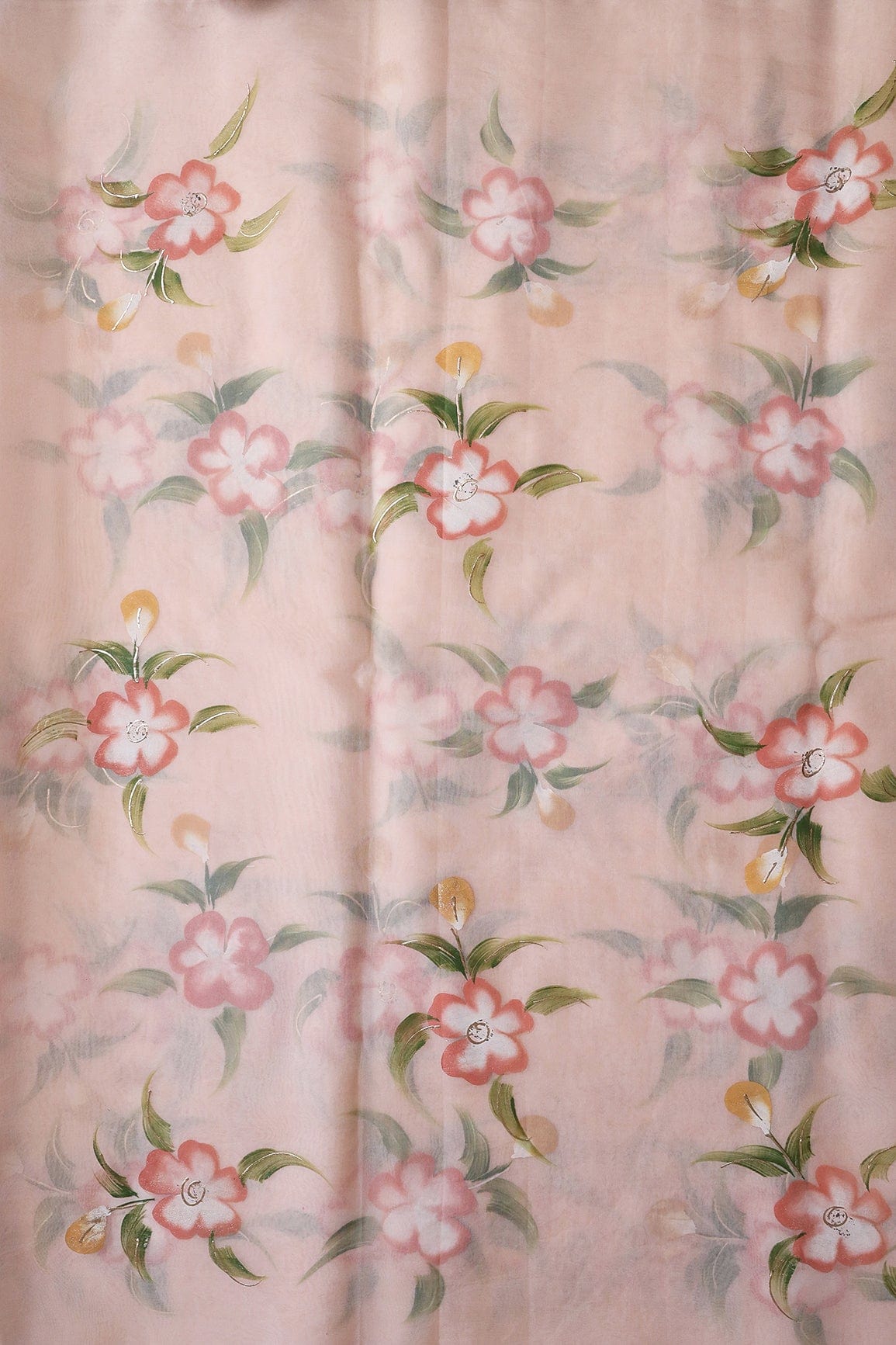 Beautiful Floral Hand Painted With Foil Work On Peach Organza Fabric - doeraa