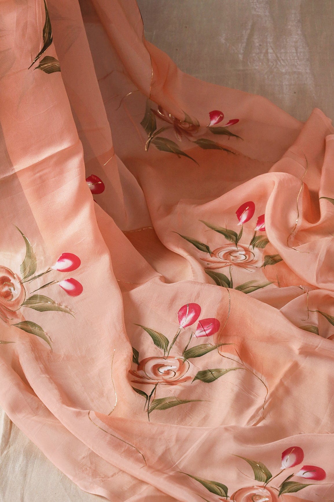 Beautiful Floral Hand Painted With Foil Work On Peach Pure Organza Saree ( 5.5 Meters) - doeraa