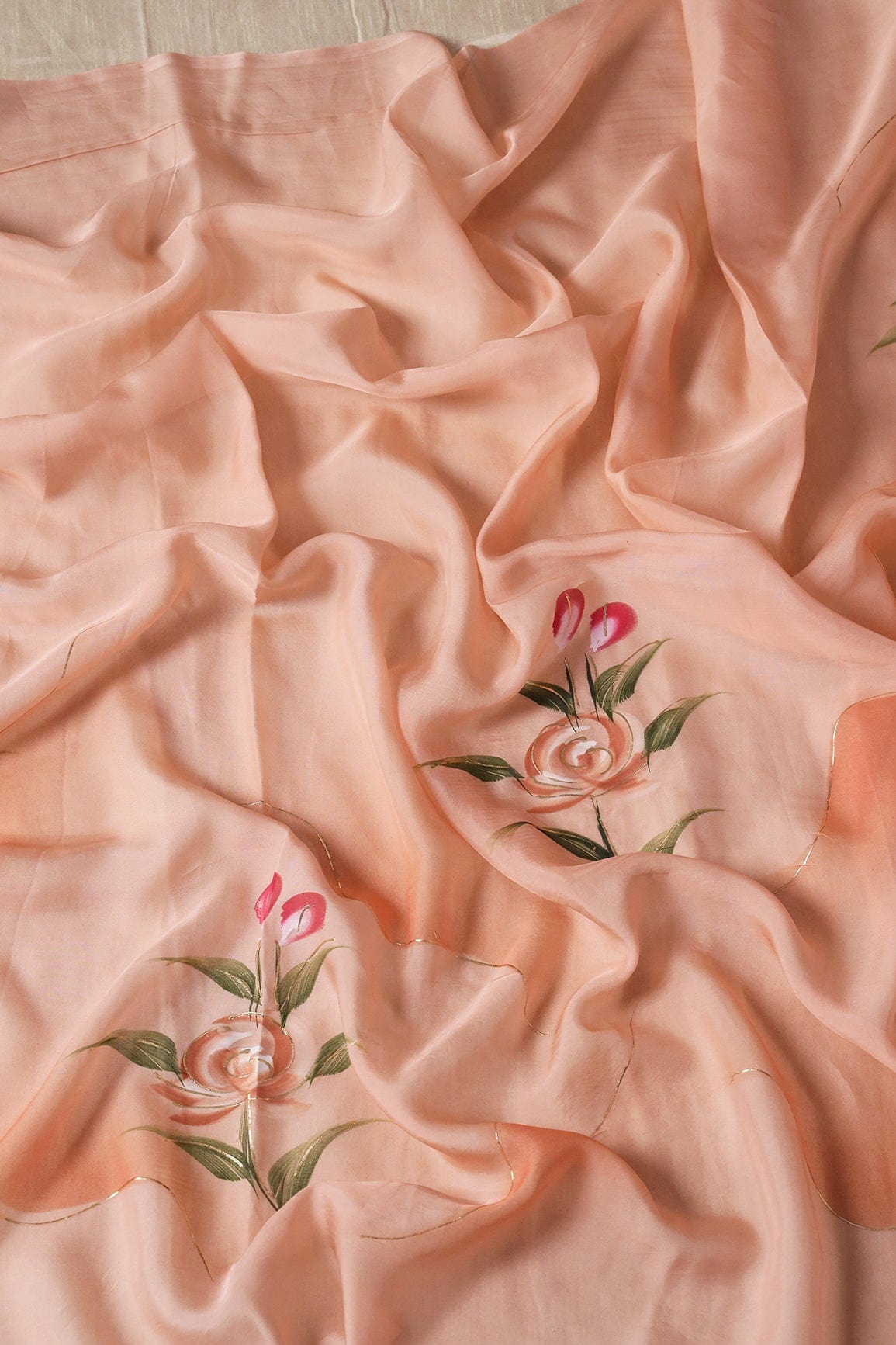 Beautiful Floral Hand Painted With Foil Work On Peach Pure Organza Saree ( 5.5 Meters) - doeraa