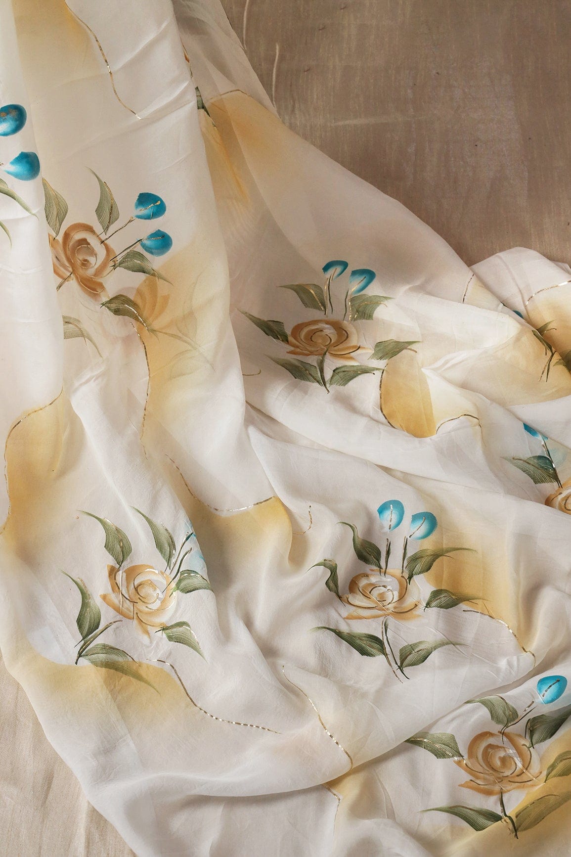 Beautiful Floral Hand Painted With Foil Work On White Pure Organza Saree ( 5.5 Meters) - doeraa