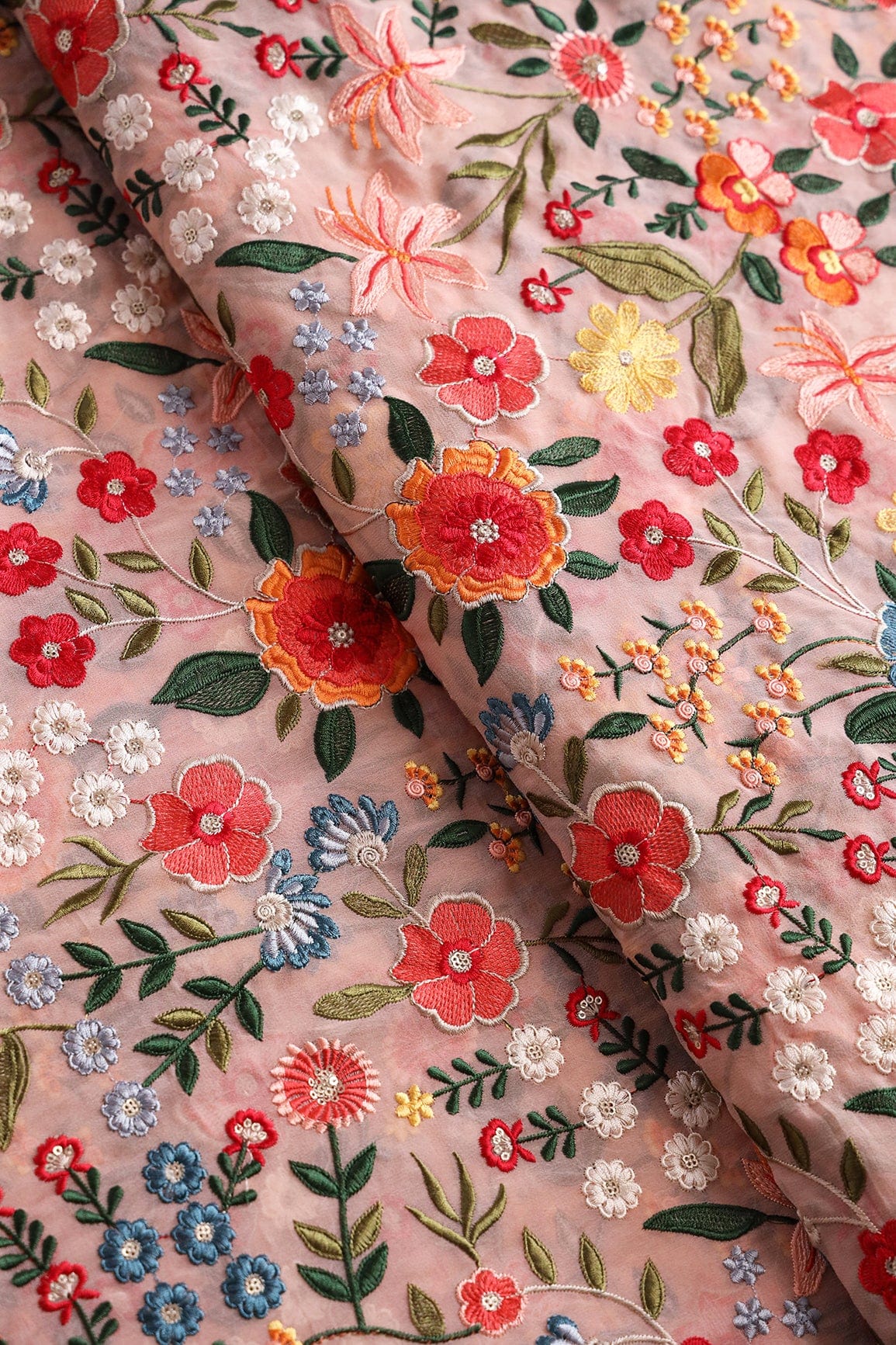 Beautiful Floral Heavy Embroidery On Peach Viscose Georgette Fabric - doeraa