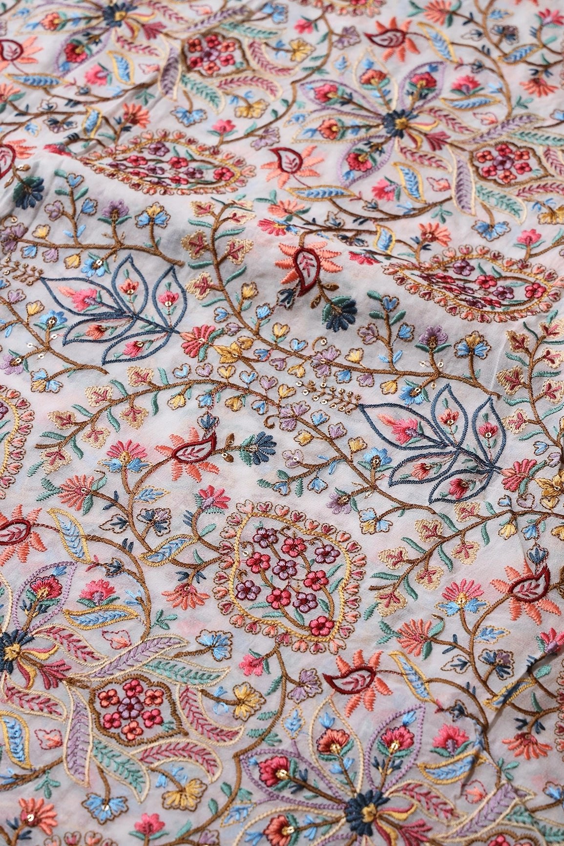 Beautiful Floral Heavy Embroidery On White Viscose Georgette Fabric - doeraa