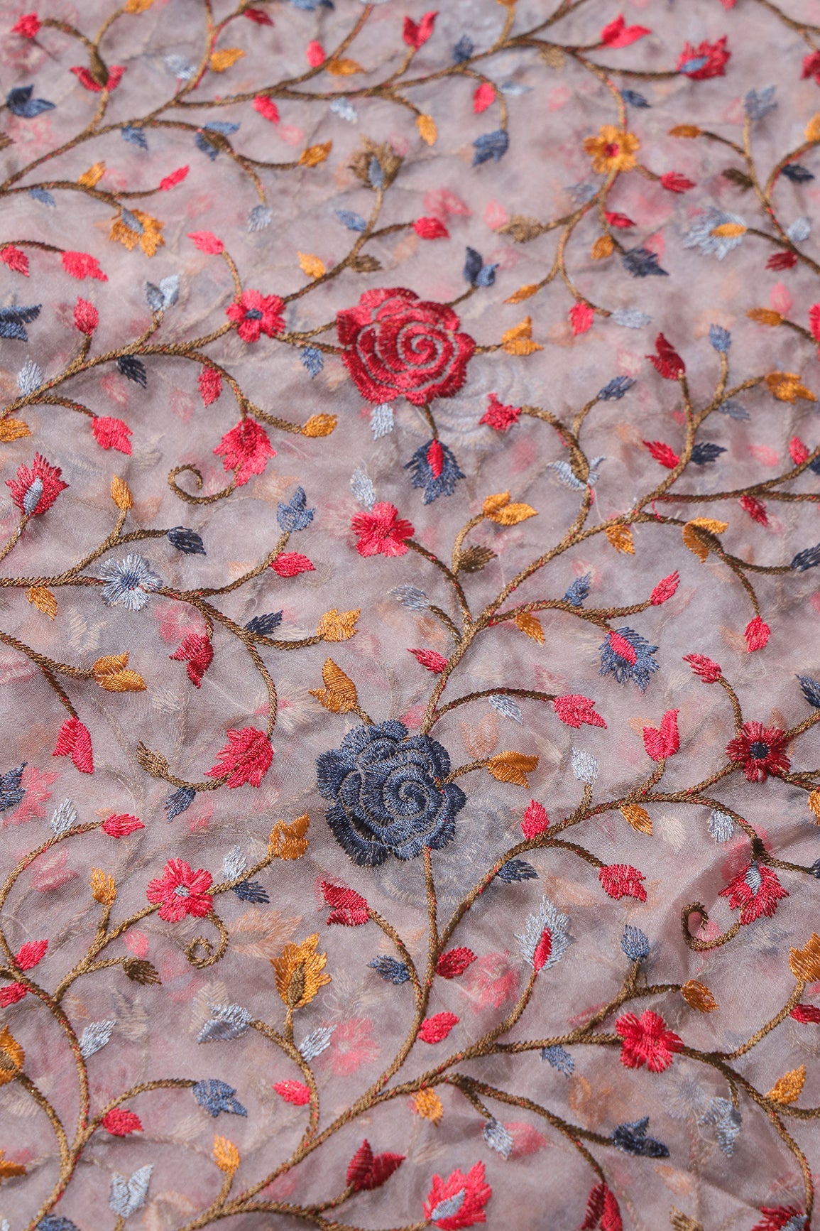 Beautiful Floral Multi Color Thread with Sequins Embroidery Work On Mauve Organza Fabric - doeraa