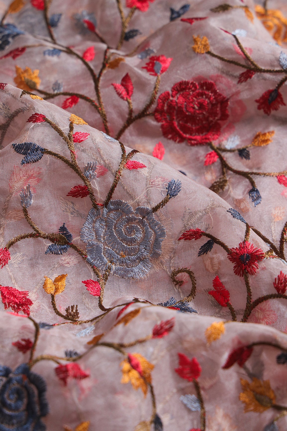 Beautiful Floral Multi Color Thread with Sequins Embroidery Work On Mauve Organza Fabric - doeraa