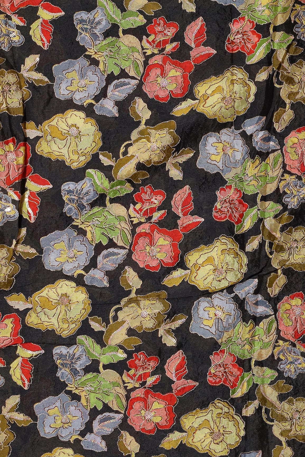 Beautiful Floral Position Print On Sequins Embroidery Black Viscose Chinnon Chiffon Fabric - doeraa