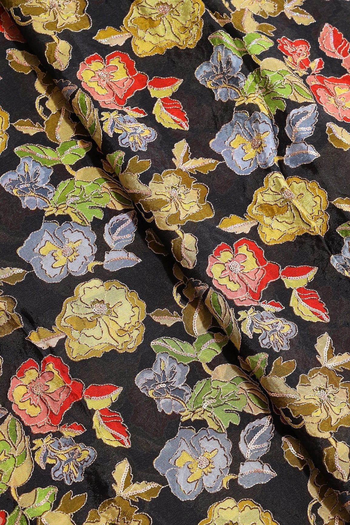 Beautiful Floral Position Print On Sequins Embroidery Black Viscose Chinnon Chiffon Fabric - doeraa