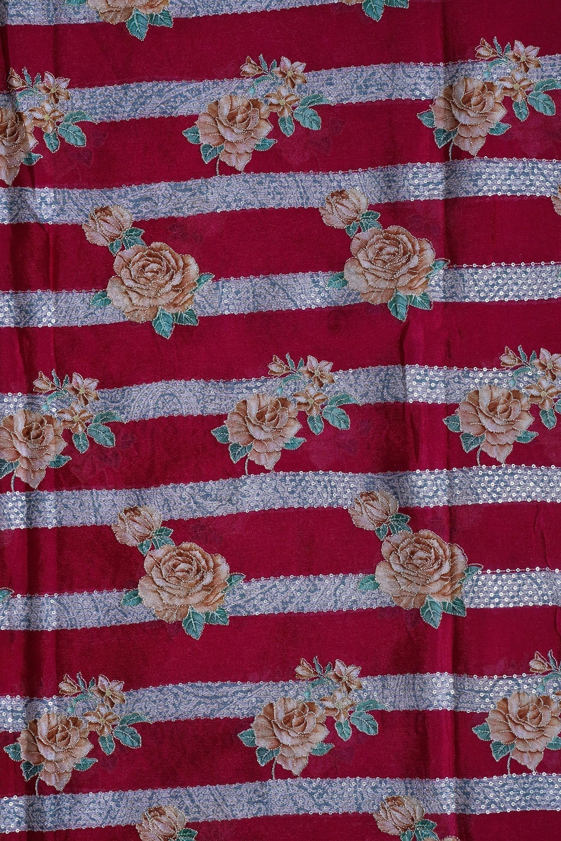 Beautiful Floral With Stripes Position Print On Sequins Embroidery Fuchsia Viscose Chinnon Chiffon Fabric - doeraa