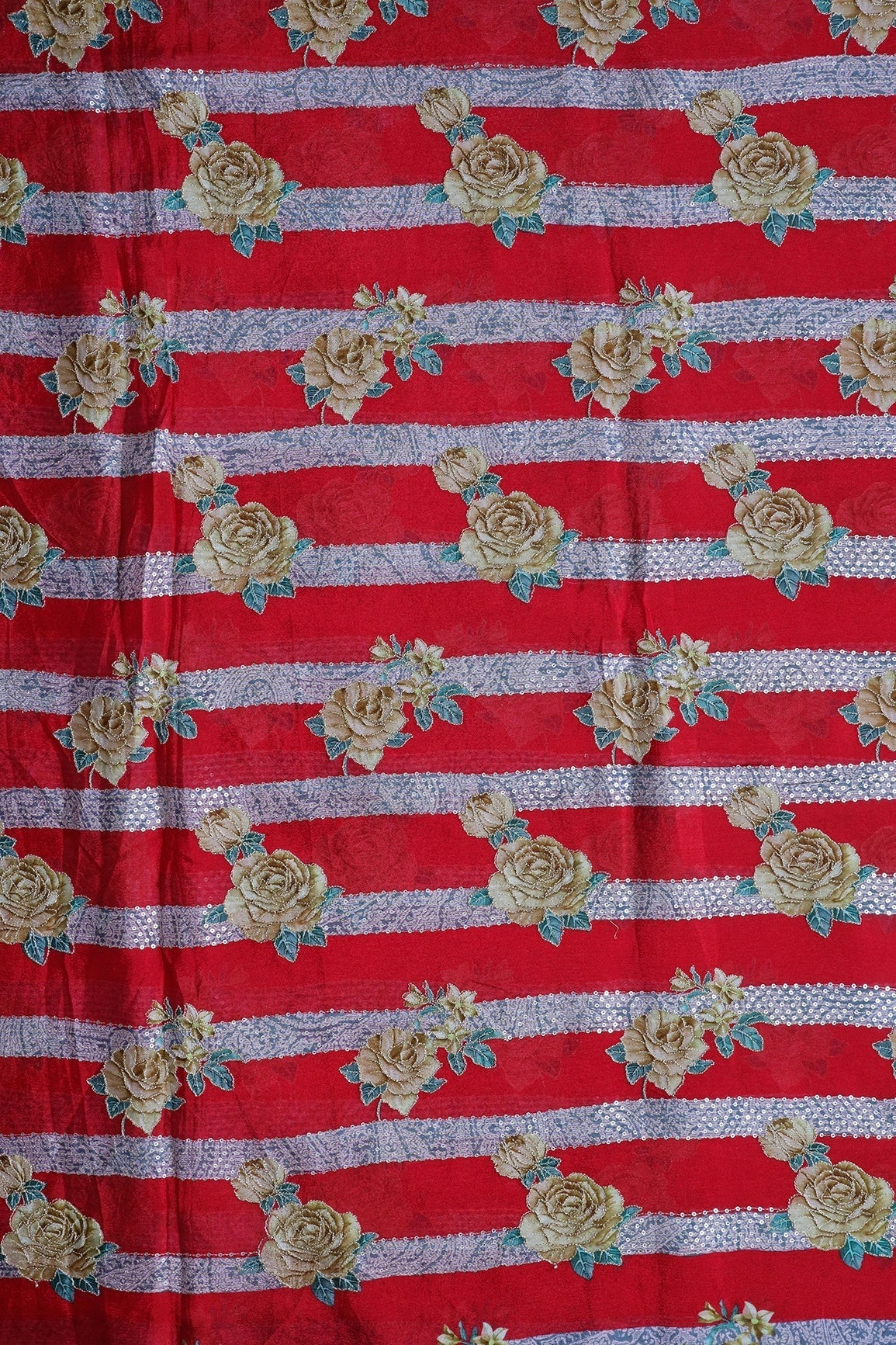 Beautiful Floral With Stripes Position Print On Sequins Embroidery Red Viscose Chinnon Chiffon Fabric - doeraa